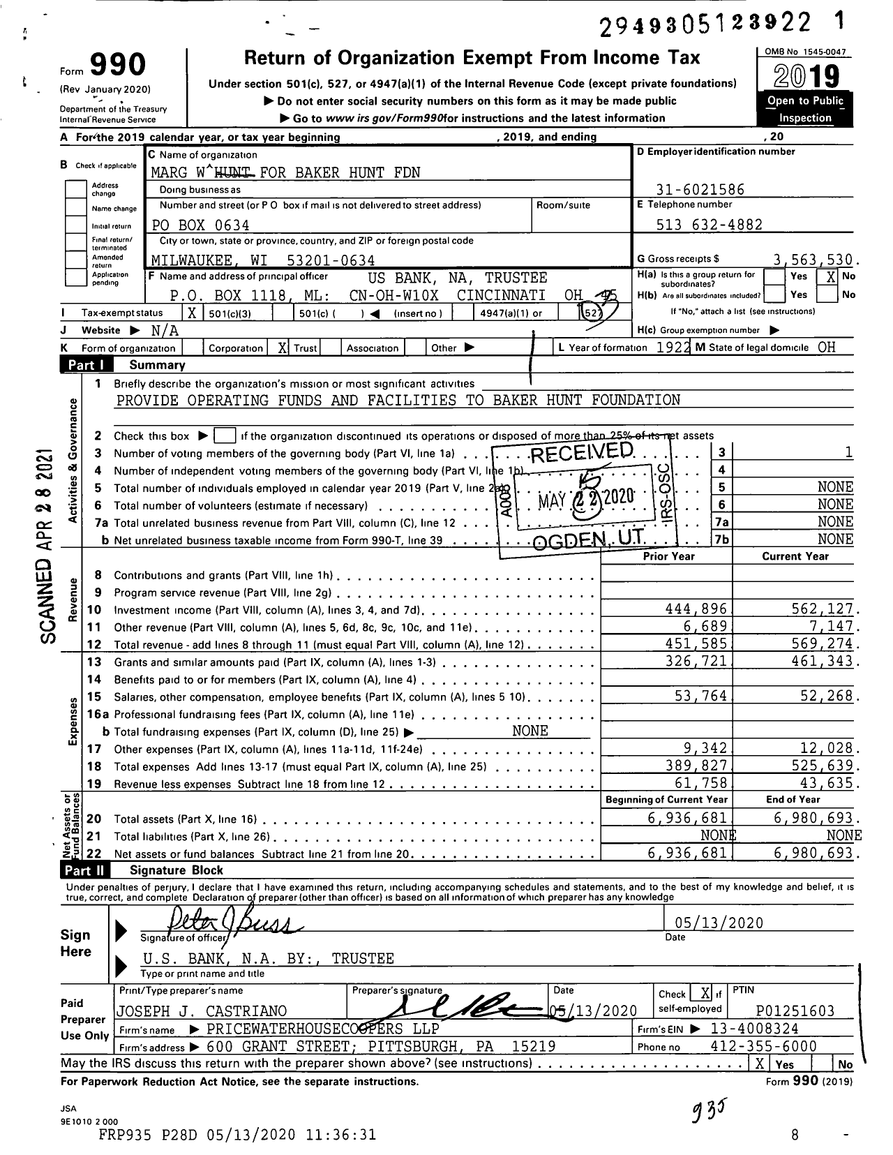 Image of first page of 2019 Form 990 for Marg W Hunt for Baker Hunt Foundation