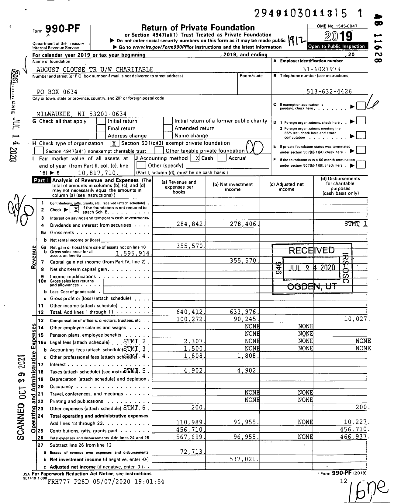 Image of first page of 2019 Form 990PF for August Clouse TR Uw Charitable