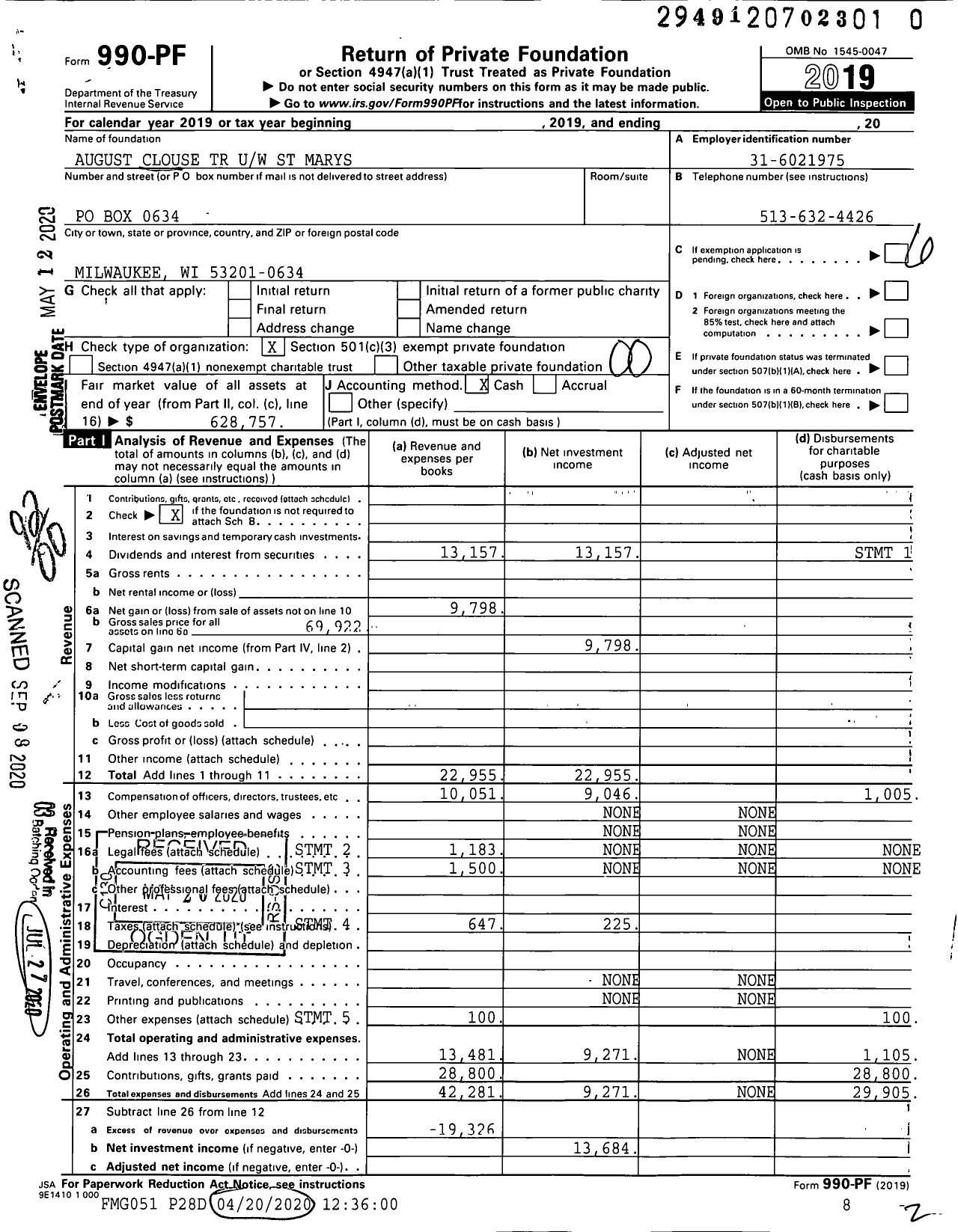 Image of first page of 2019 Form 990PR for August Clouse TR Uw St Marys