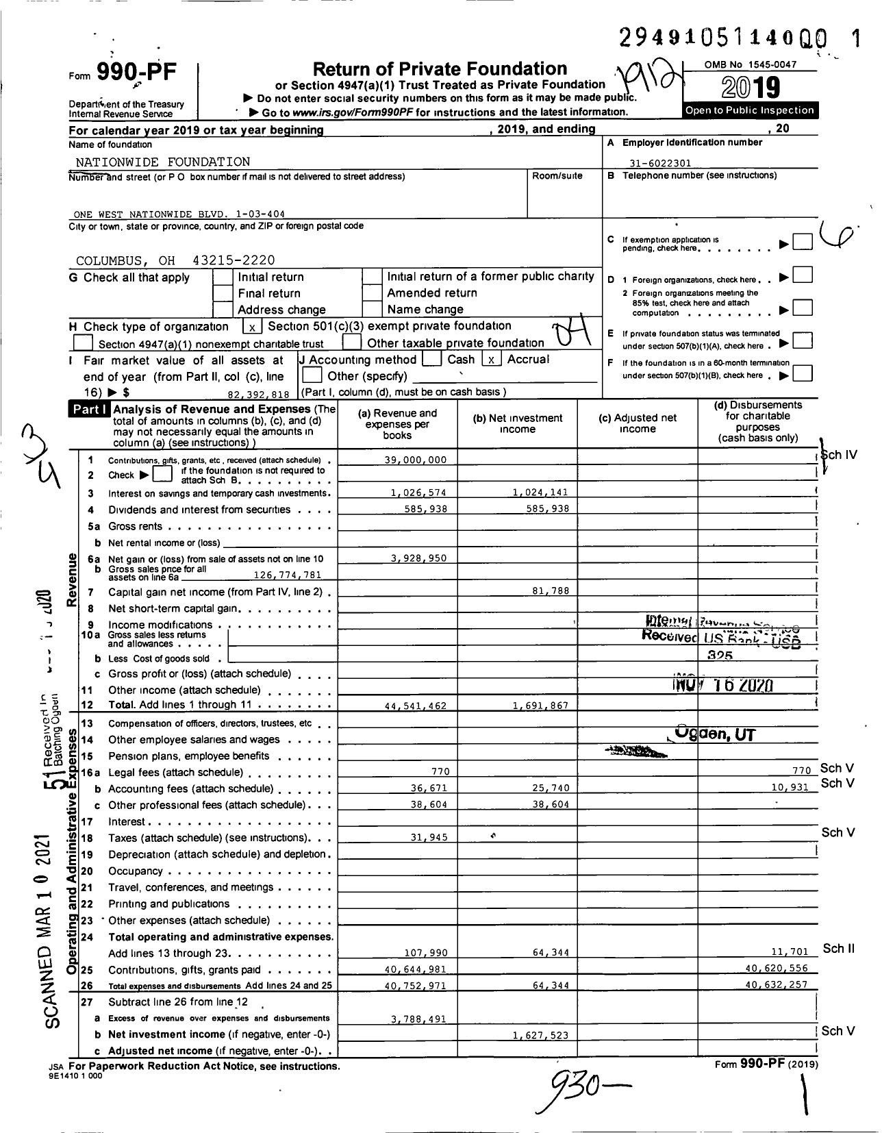 Image of first page of 2019 Form 990PF for Nationwide Foundation