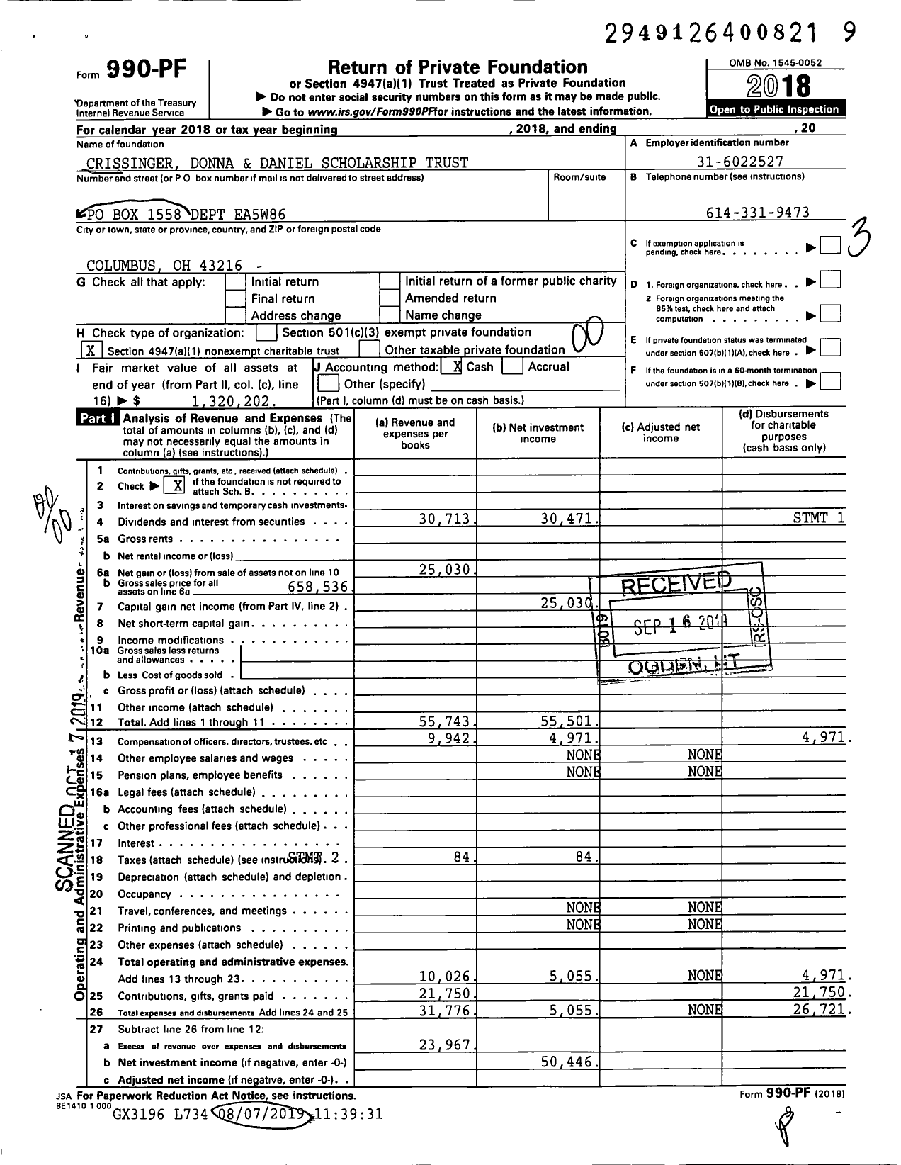 Image of first page of 2018 Form 990PF for Crissinger Donna Daniel Scholarship Trust