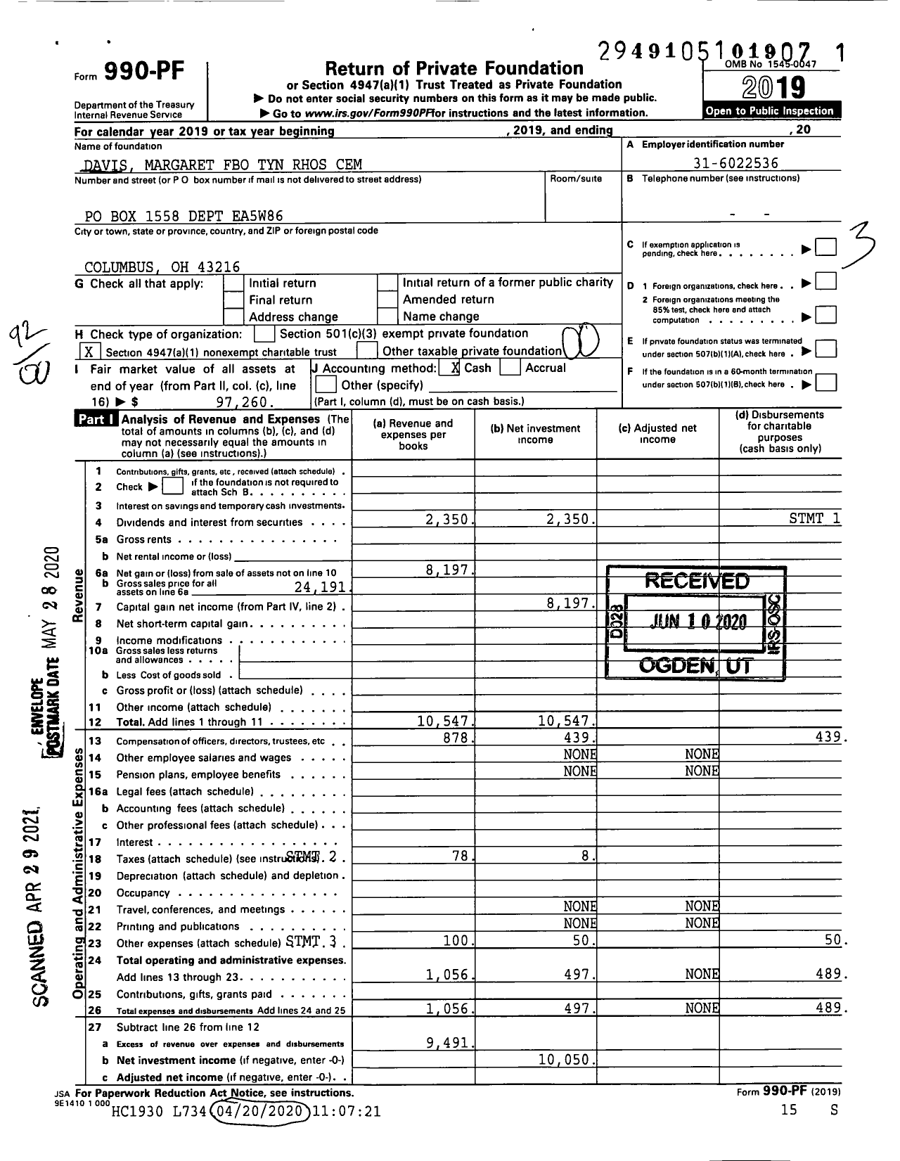 Image of first page of 2019 Form 990PF for Davis Margaret Fbo Tyn Rhos Cemetery