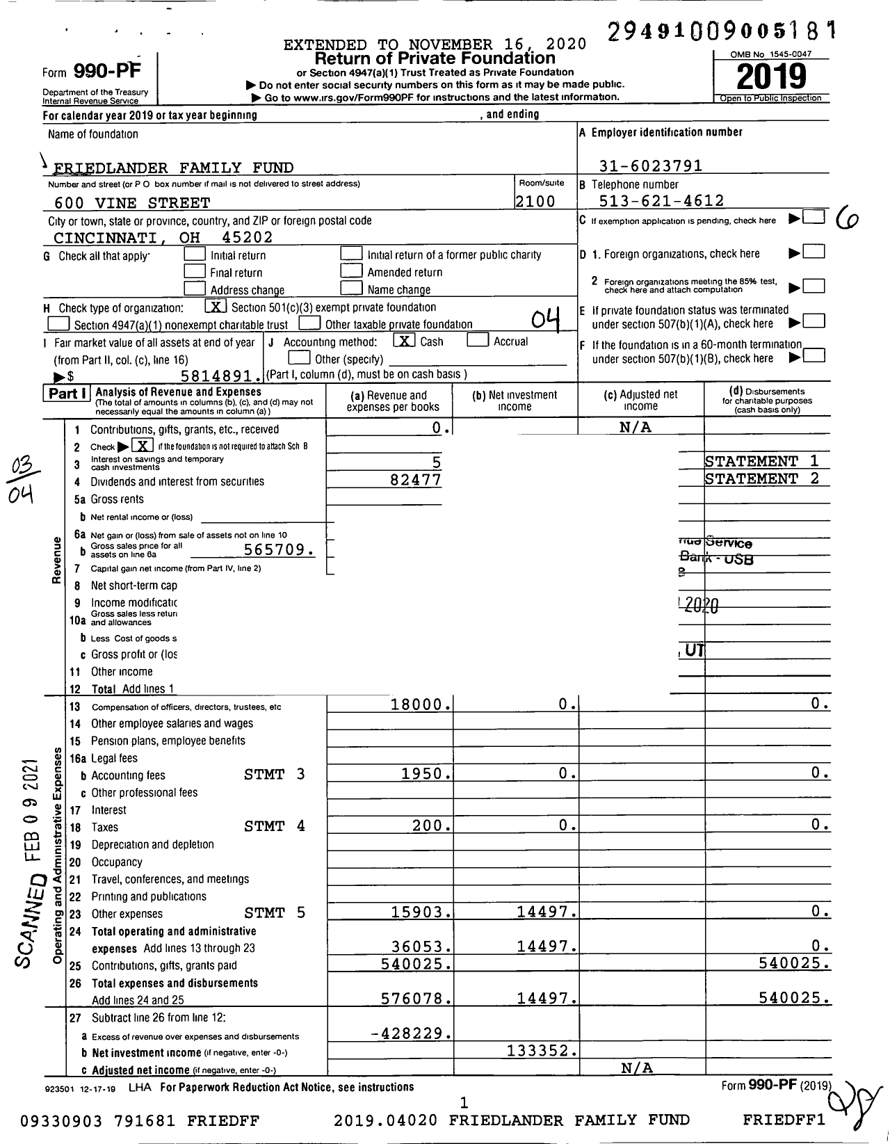 Image of first page of 2019 Form 990PF for Friedlander Family Fund