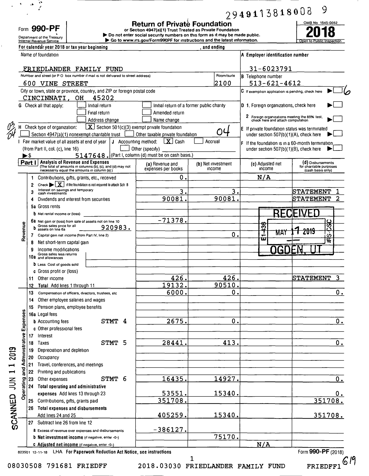 Image of first page of 2018 Form 990PF for Friedlander Family Fund