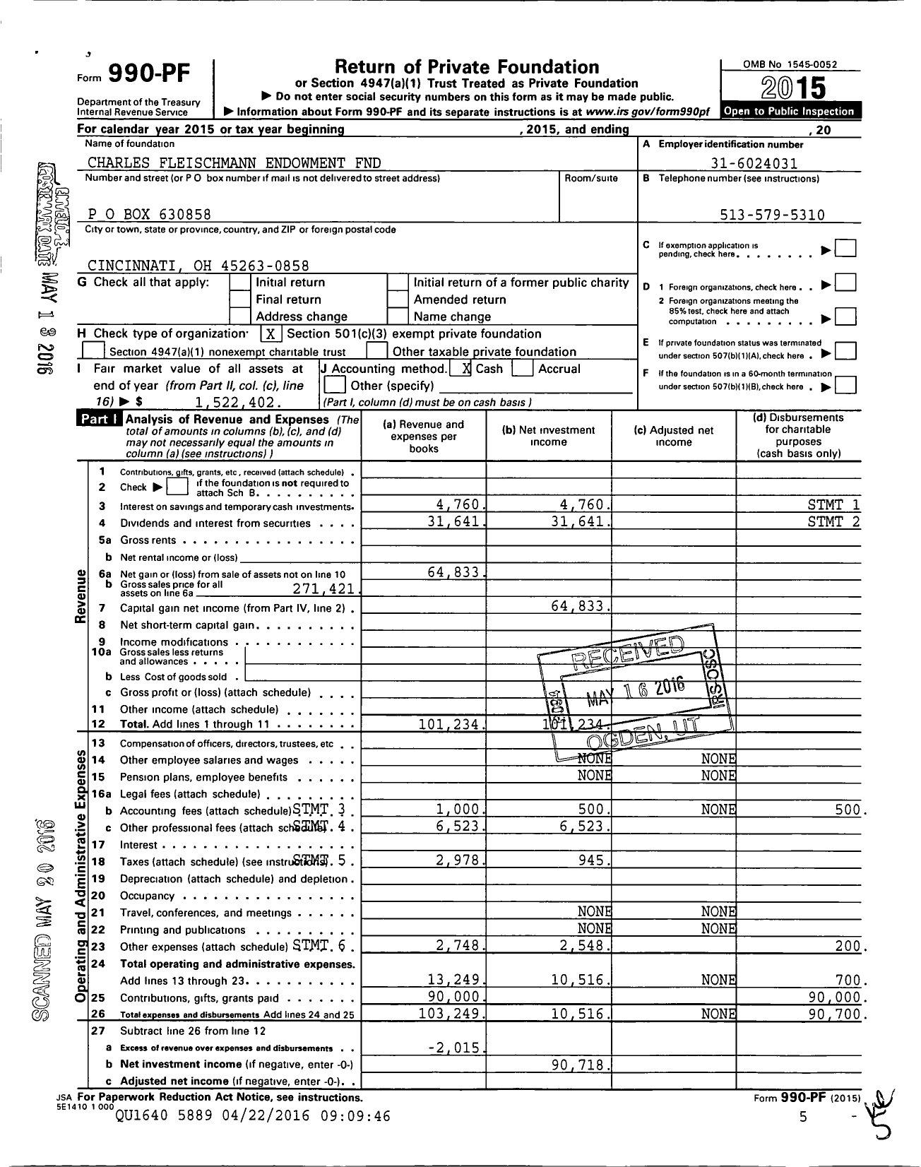 Image of first page of 2015 Form 990PF for Charles Fleischmann Endowment FND
