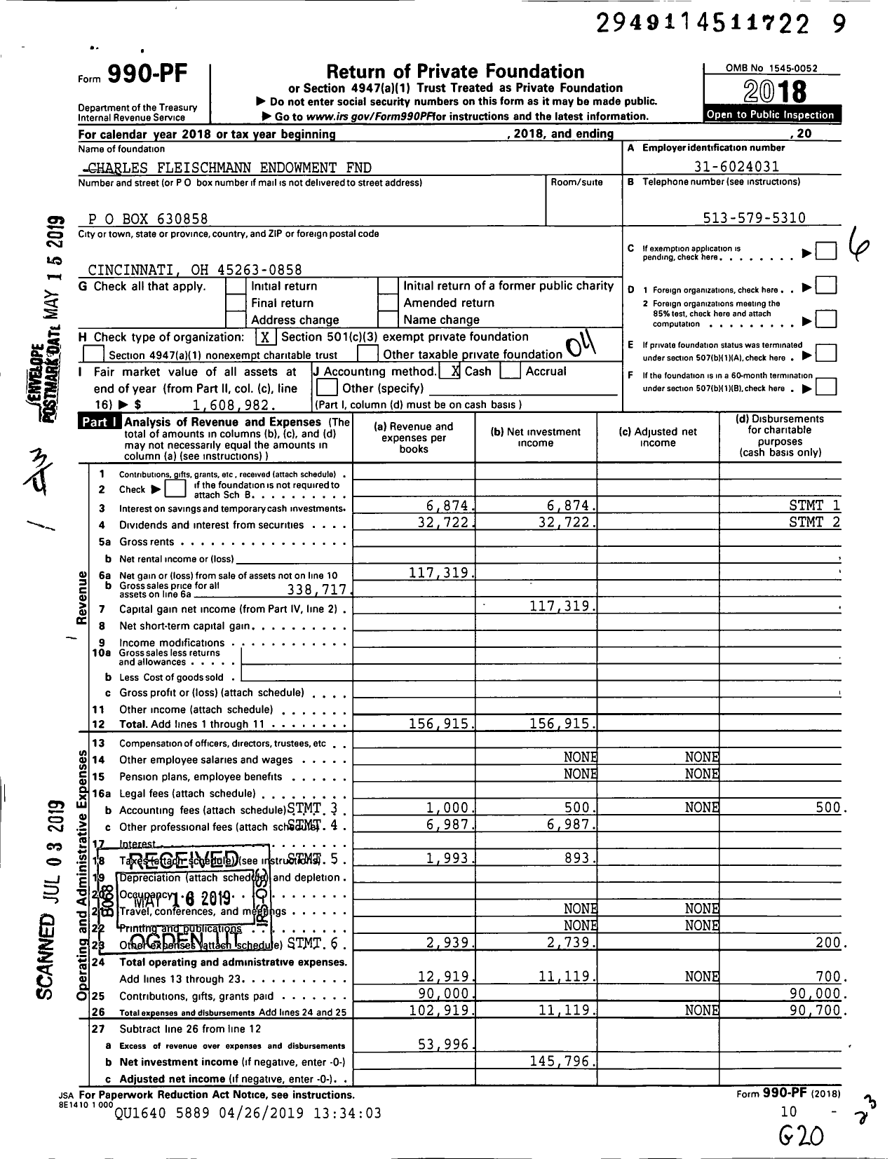 Image of first page of 2018 Form 990PF for Charles Fleischmann Endowment FND