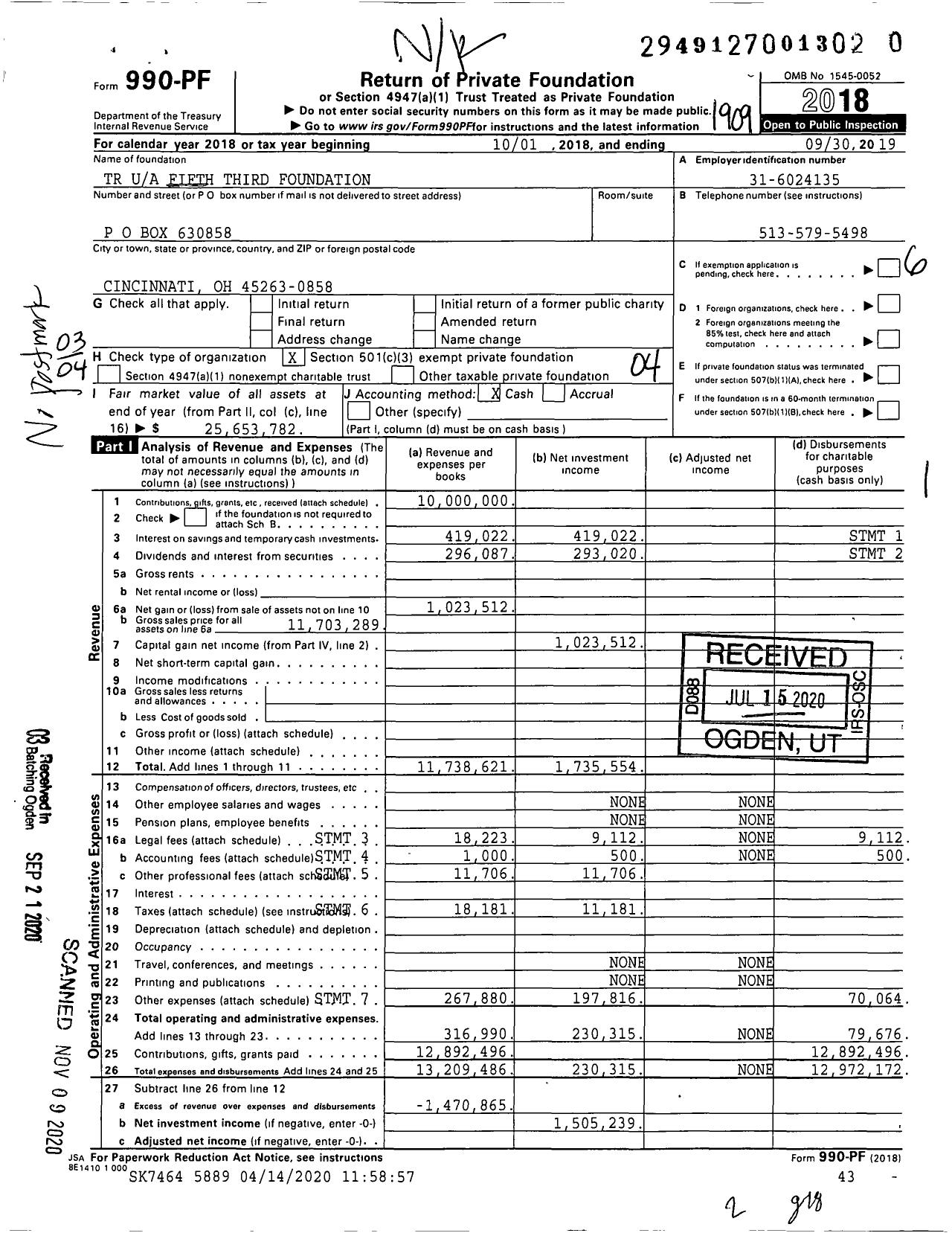 Image of first page of 2018 Form 990PF for TR Fifth Third Foundation