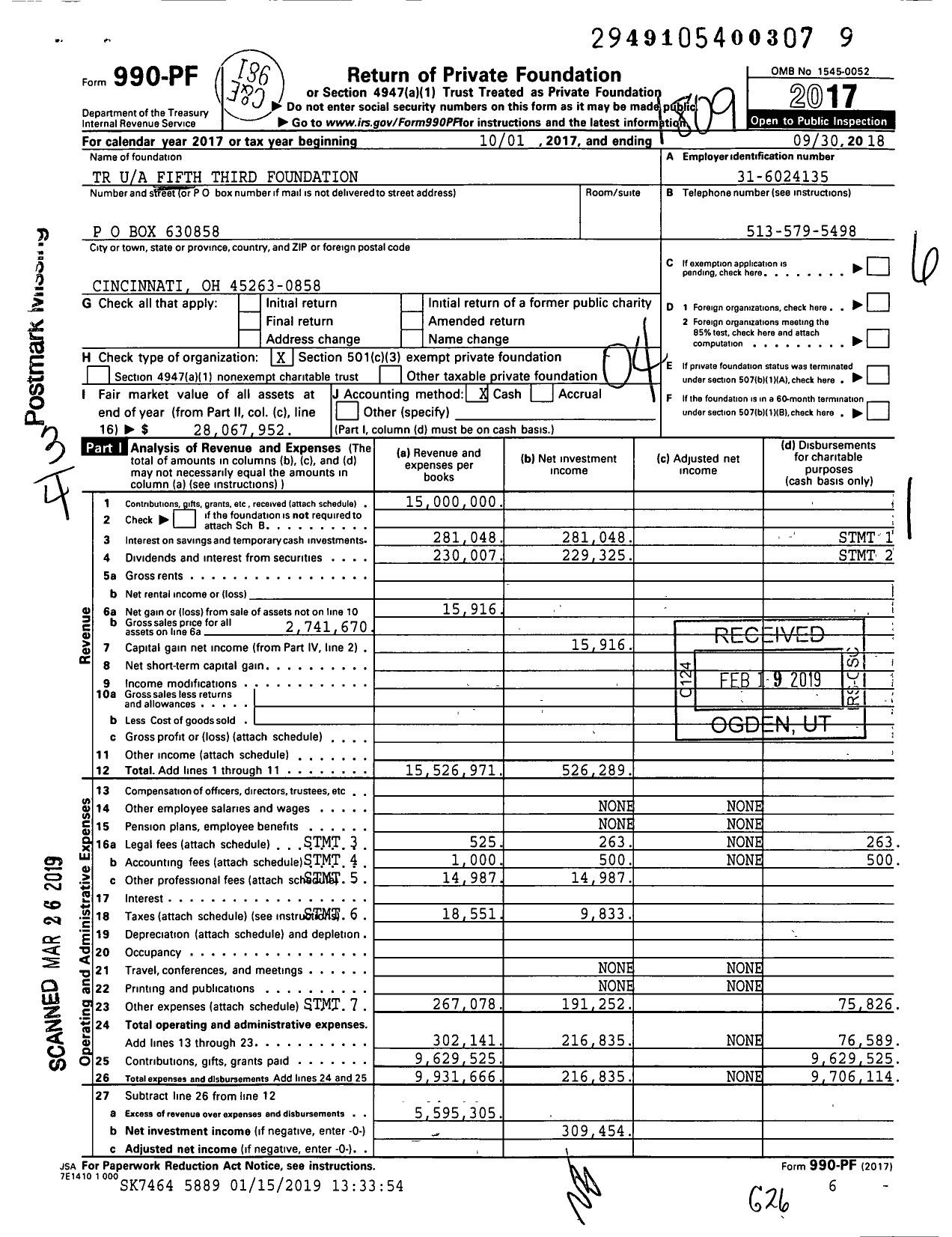 Image of first page of 2017 Form 990PF for TR Fifth Third Foundation