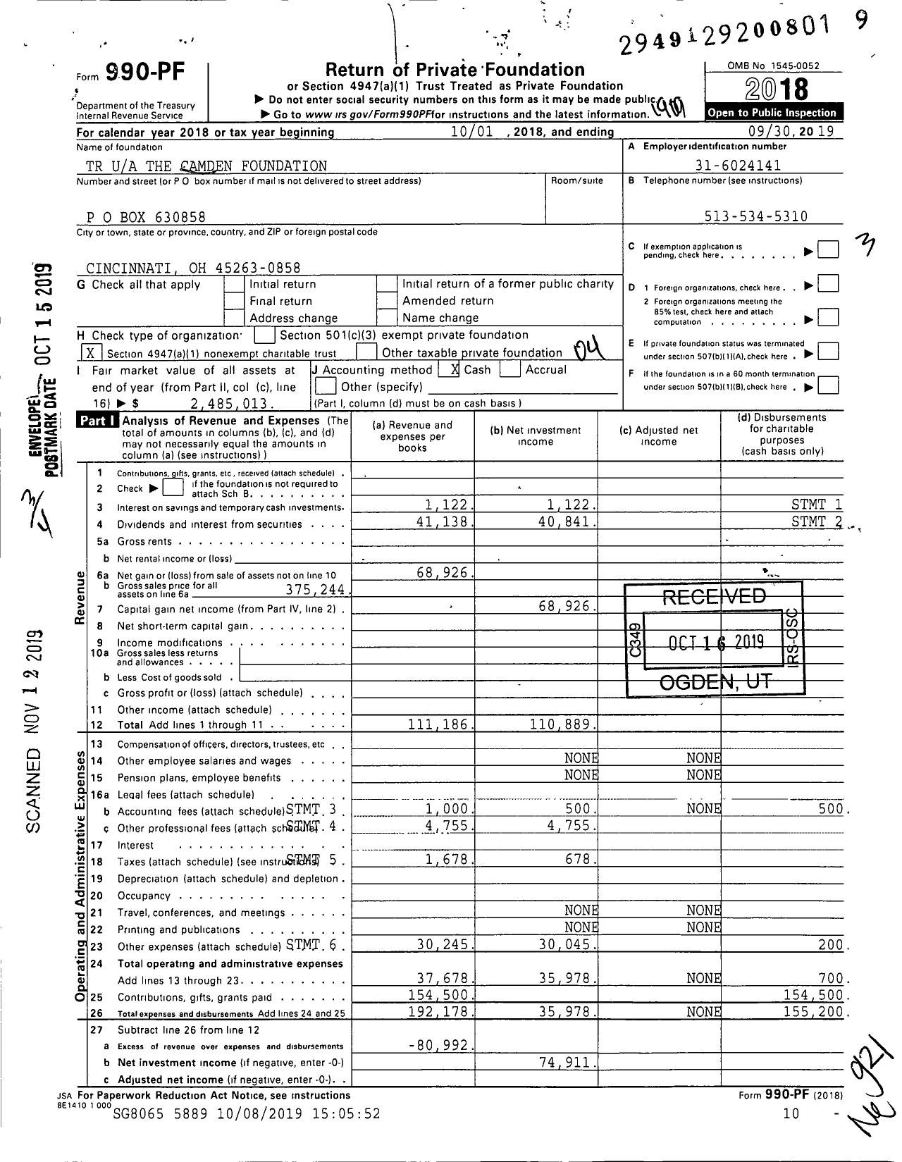 Image of first page of 2018 Form 990PF for TR the Camden Foundation