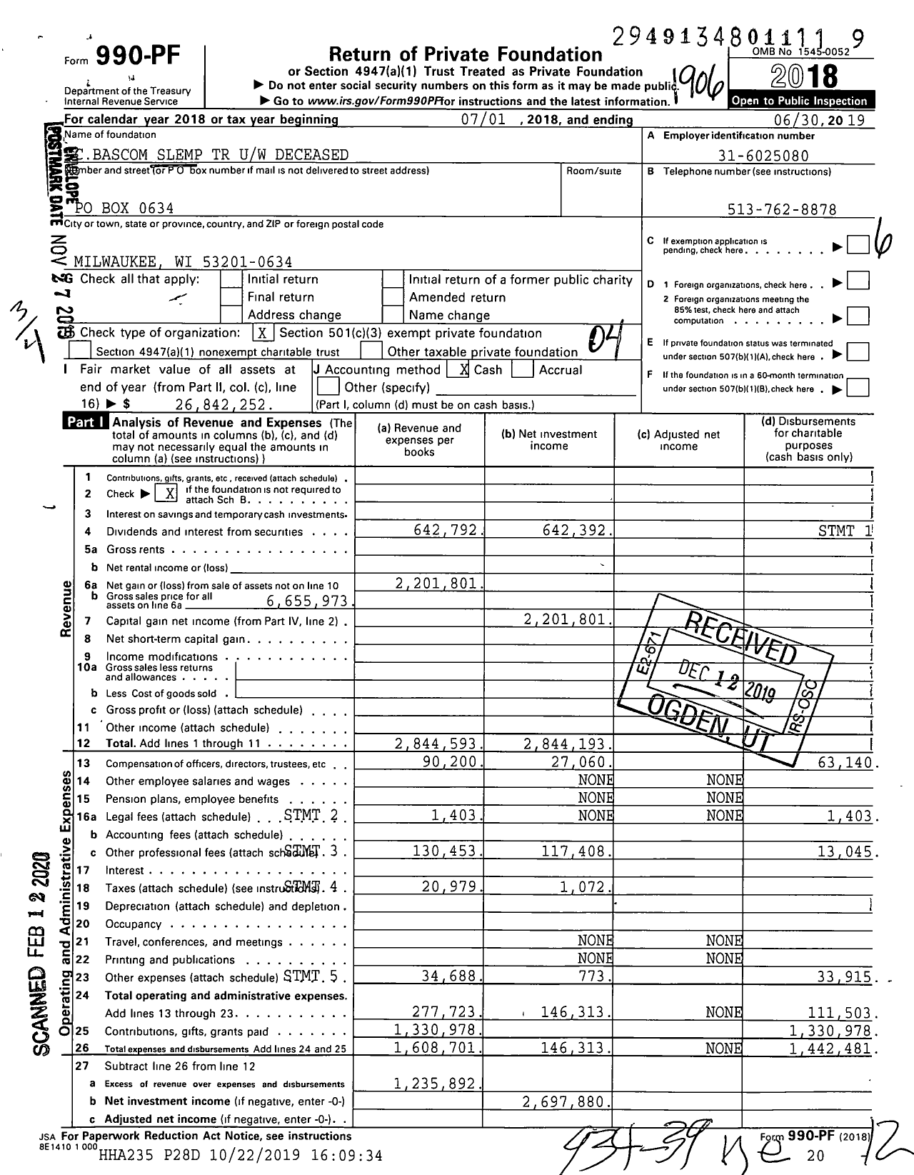 Image of first page of 2018 Form 990PF for Slemp Foundation