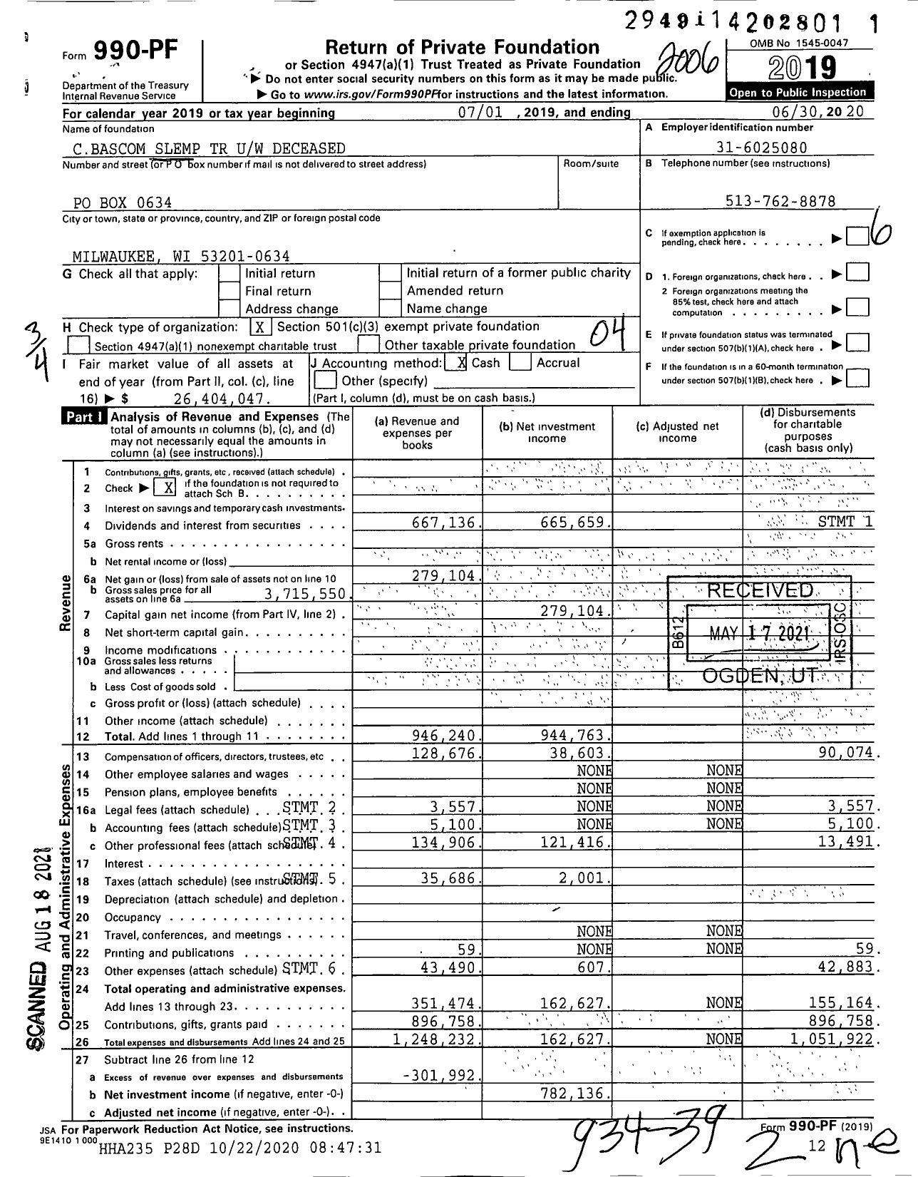 Image of first page of 2019 Form 990PF for Slemp Foundation