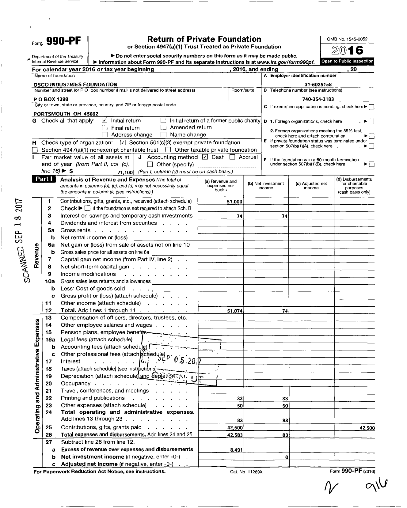 Image of first page of 2016 Form 990PF for Osco Industries Foundation