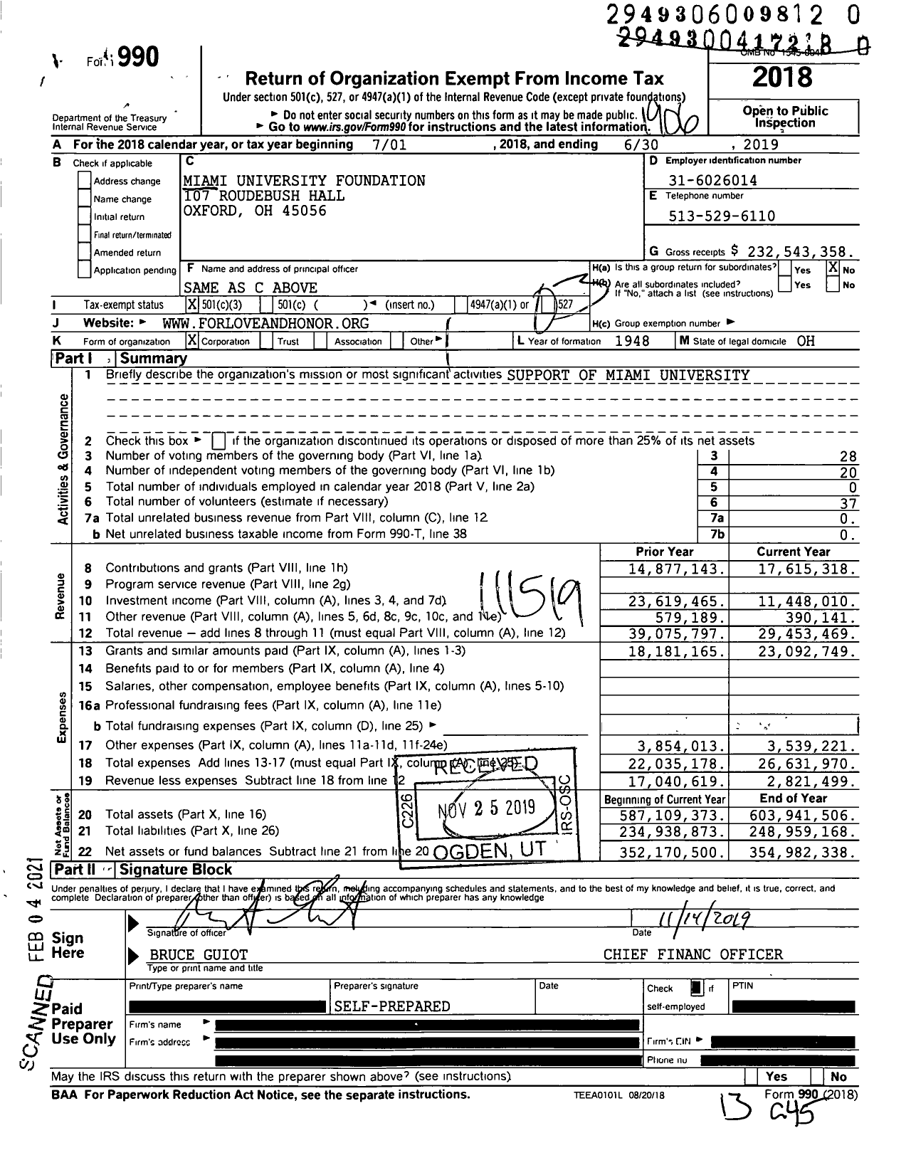 Image of first page of 2018 Form 990 for Miami University Foundation