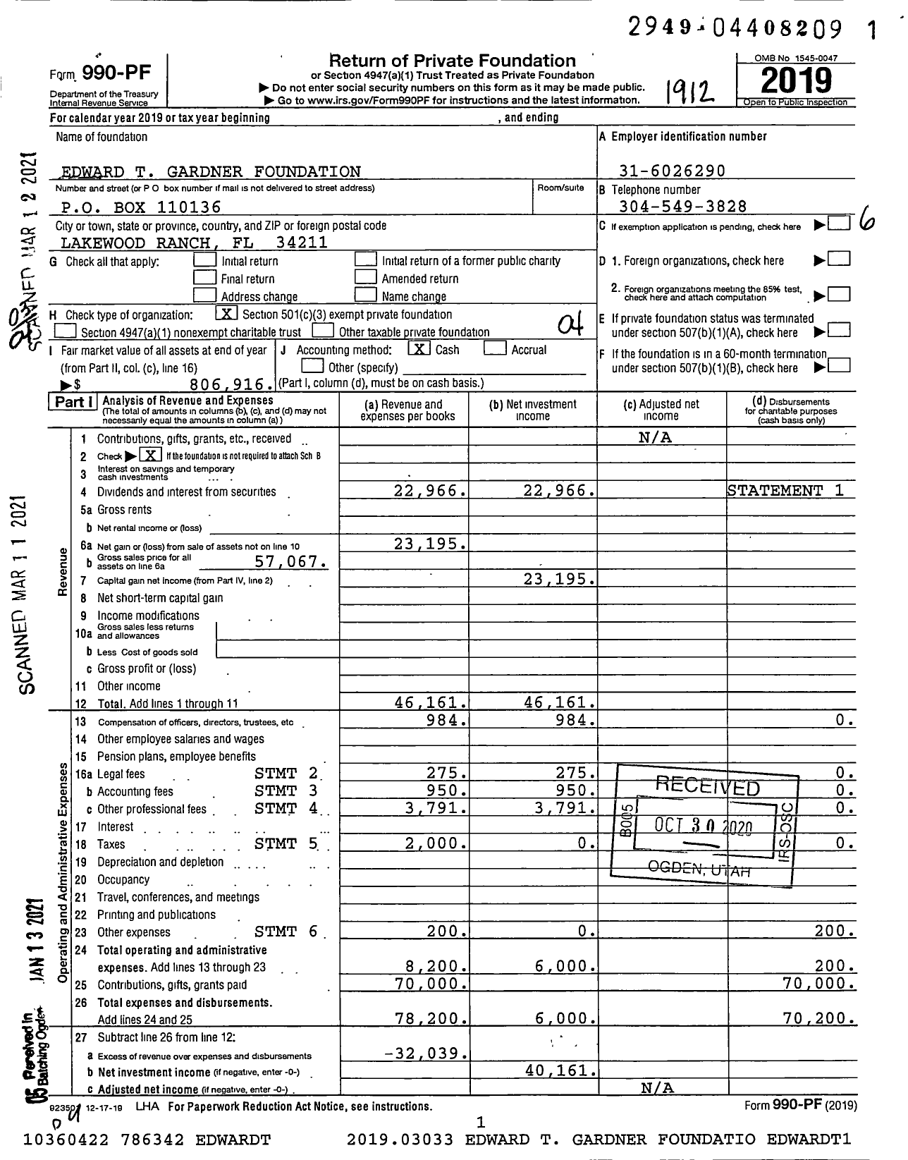 Image of first page of 2019 Form 990PF for Edward T Gardner Foundation