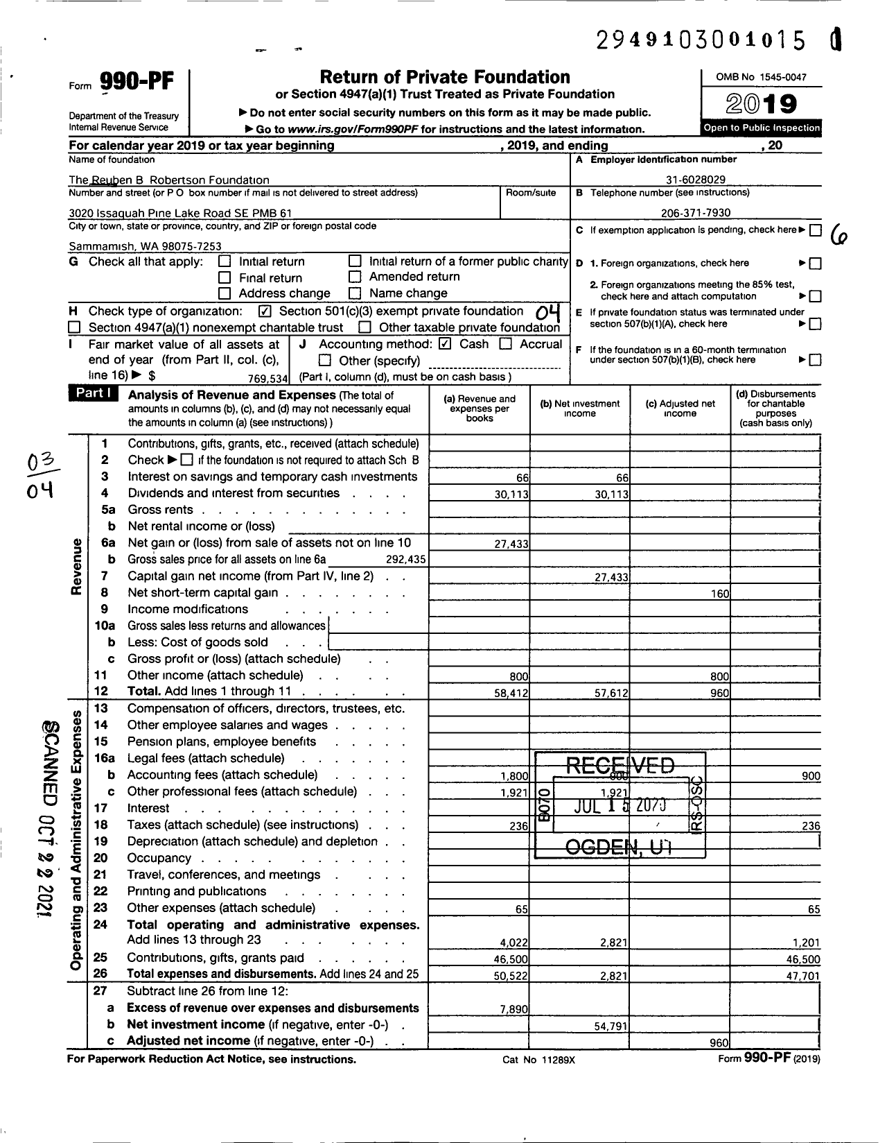 Image of first page of 2019 Form 990PF for Reuben B Robertson Foundation