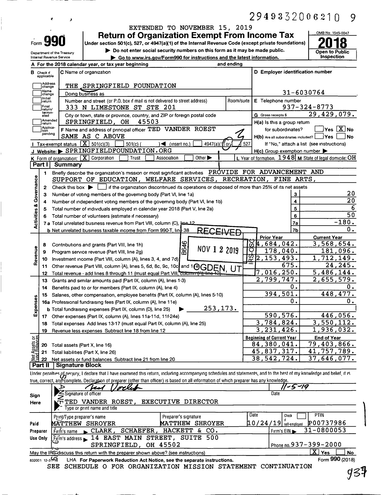 Image of first page of 2018 Form 990 for The Springfield Foundation