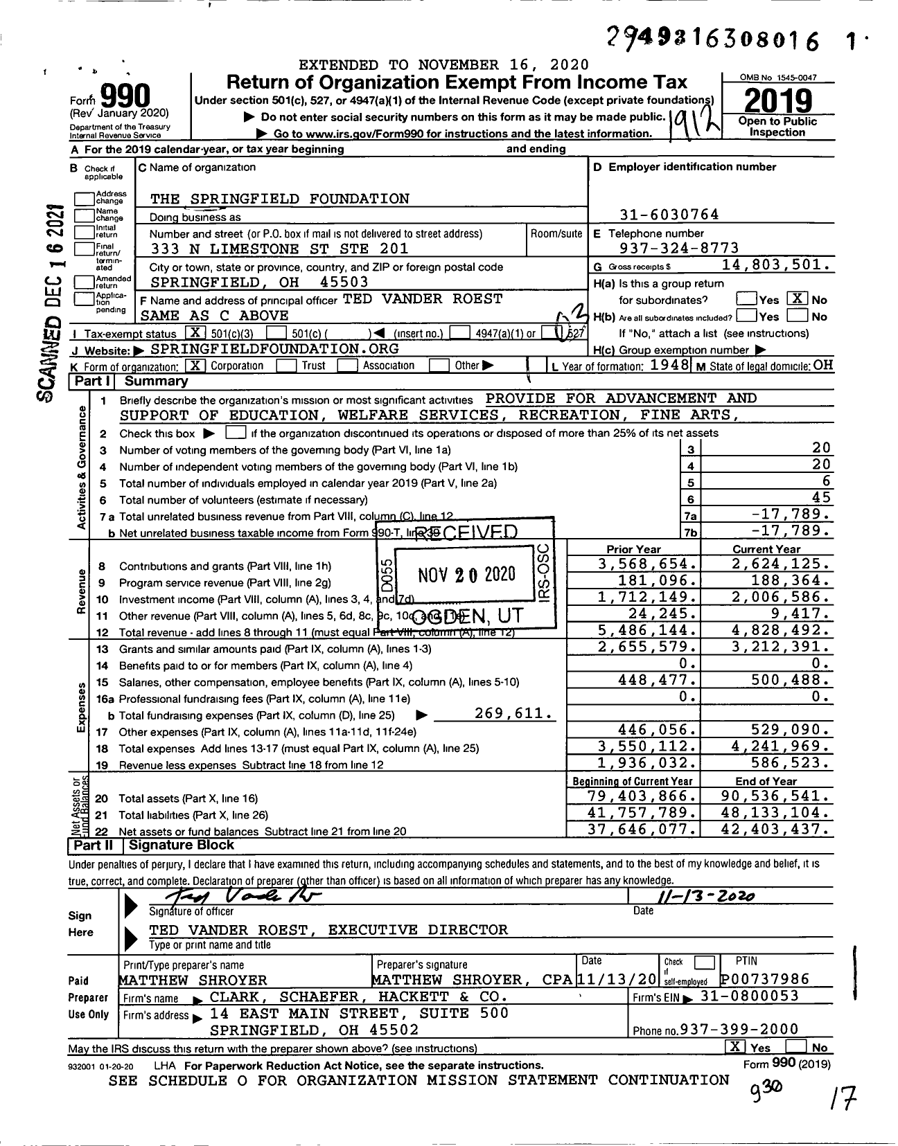 Image of first page of 2019 Form 990 for The Springfield Foundation