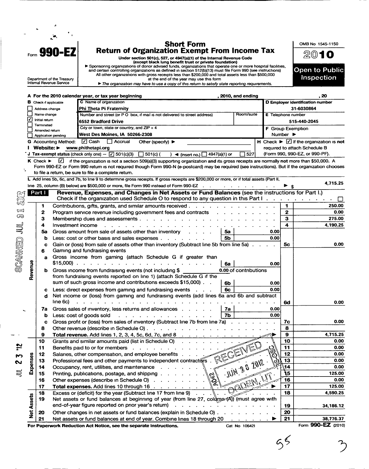 Image of first page of 2010 Form 990EZ for Phi Theta Pi Fraternity