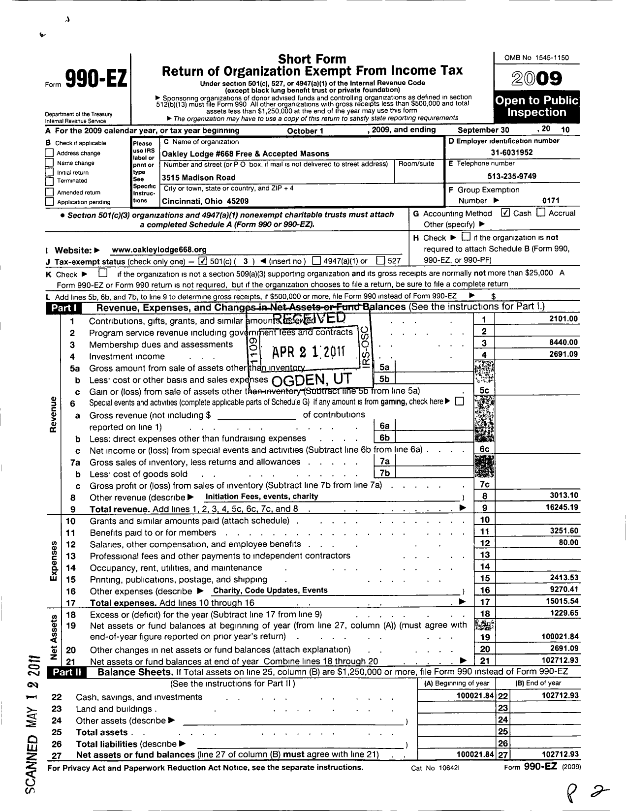 Image of first page of 2009 Form 990EZ for Free & accepted masons of ohio - 668 Oakley Lodge