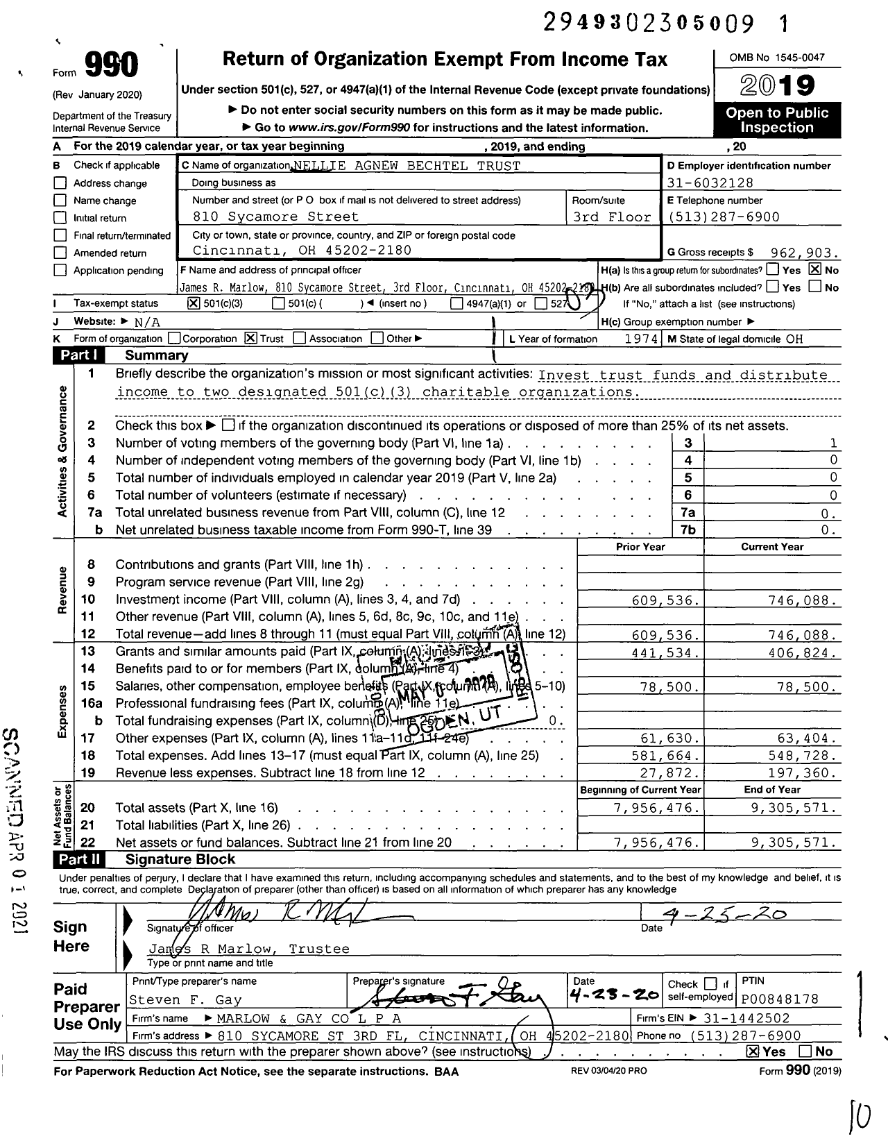 Image of first page of 2019 Form 990 for Nellie Agnew Bechtel Trust