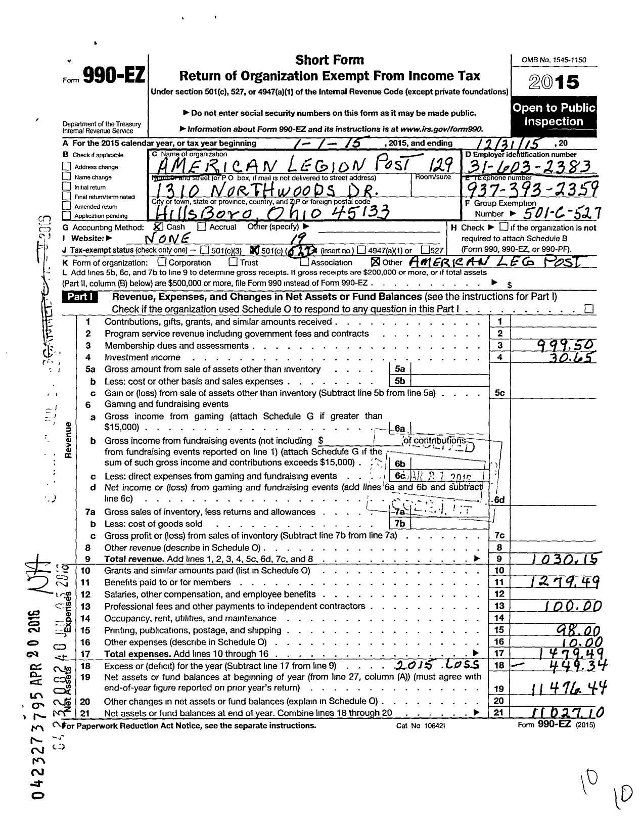 Image of first page of 2015 Form 990EO for American Legion - 129 Raymond R Stout