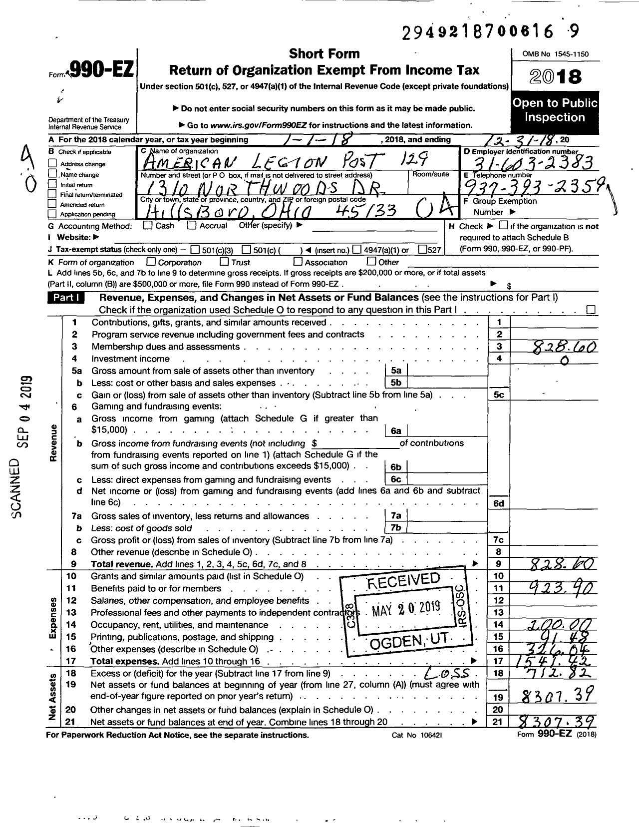 Image of first page of 2018 Form 990EO for American Legion - 129 Raymond R Stout