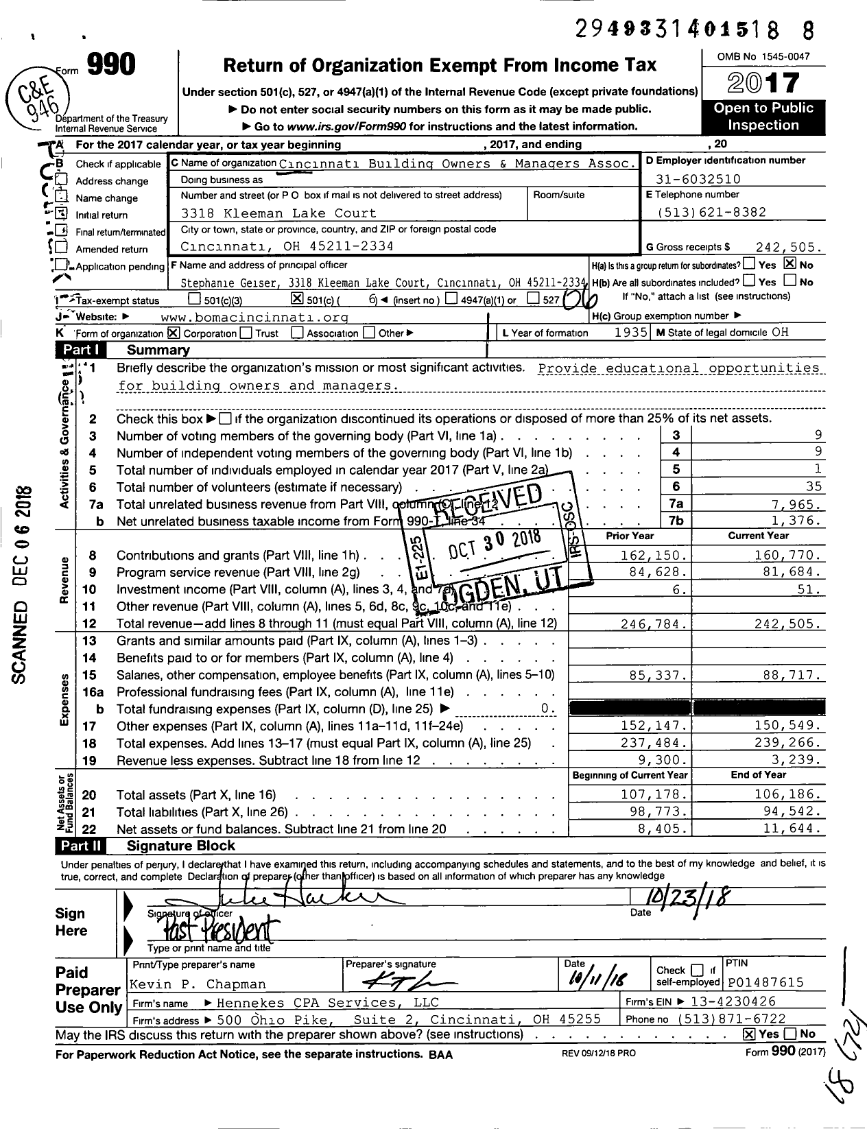 Image of first page of 2017 Form 990O for Cincinnati Building Owners and Managers Association