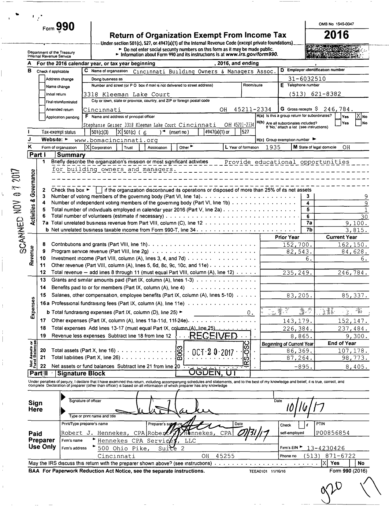 Image of first page of 2016 Form 990O for Cincinnati Building Owners and Managers Association