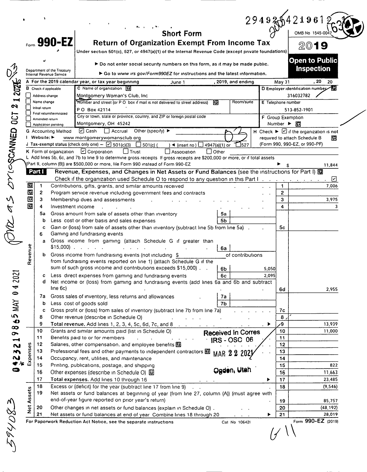 Image of first page of 2019 Form 990EZ for Montgomery Woman's Club