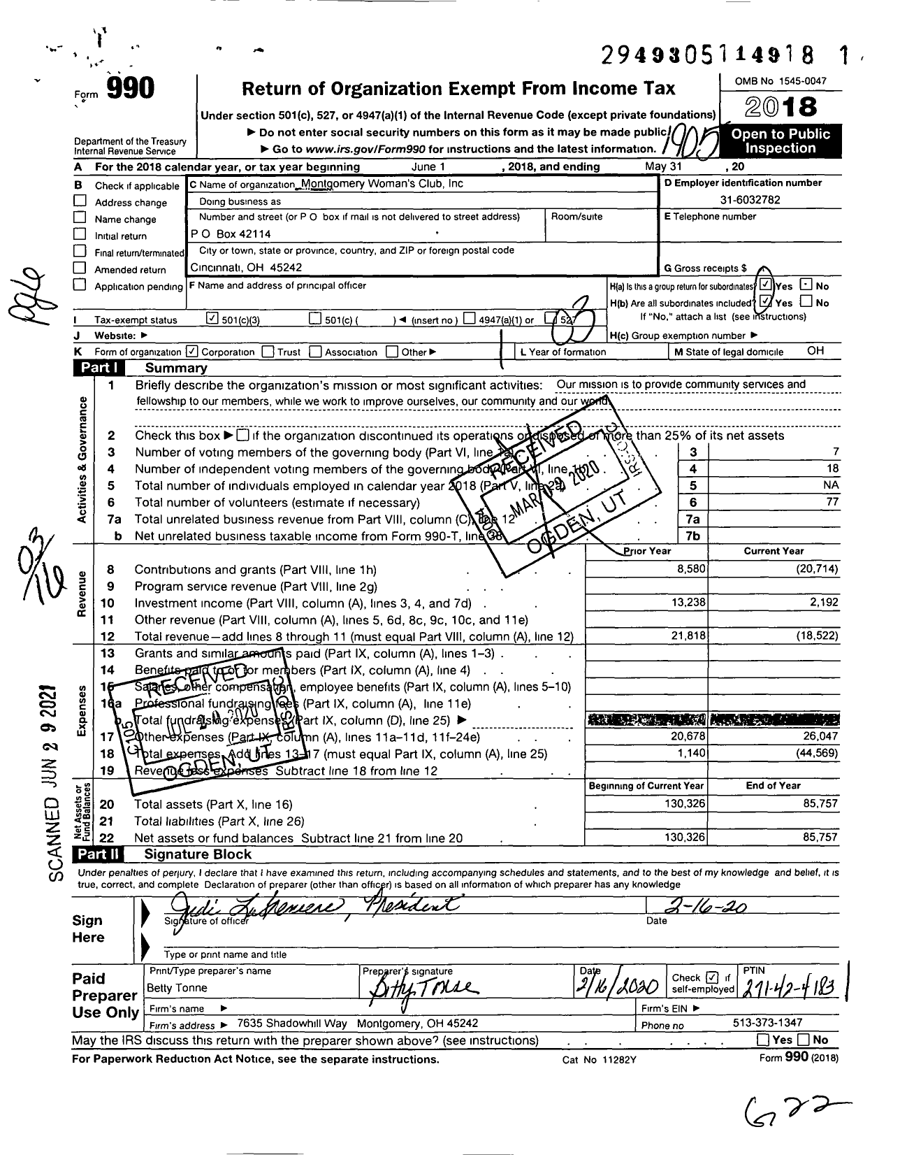 Image of first page of 2018 Form 990 for Montgomery Woman's Club