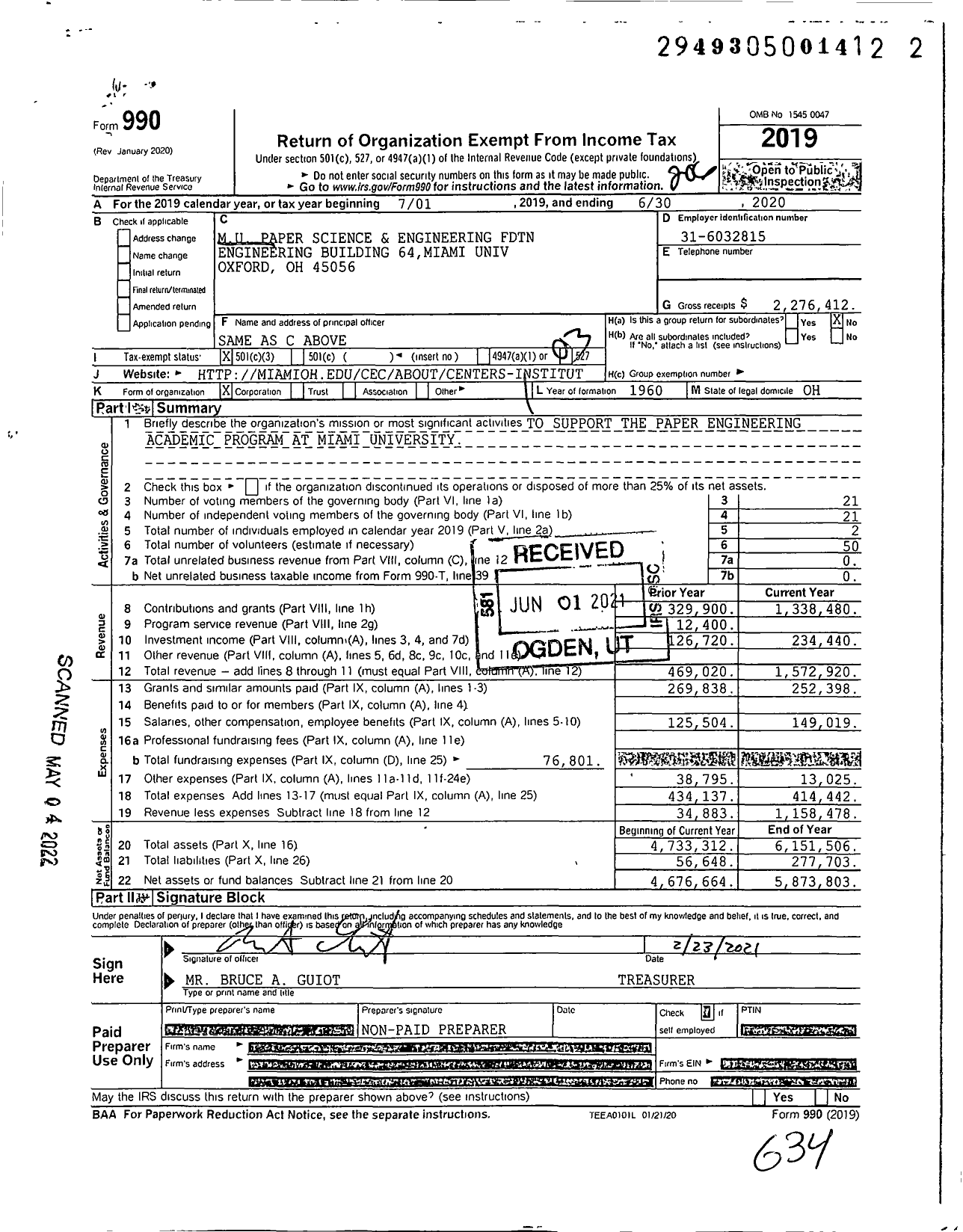 Image of first page of 2019 Form 990 for Miami University Paper Science and Engineering Foundation