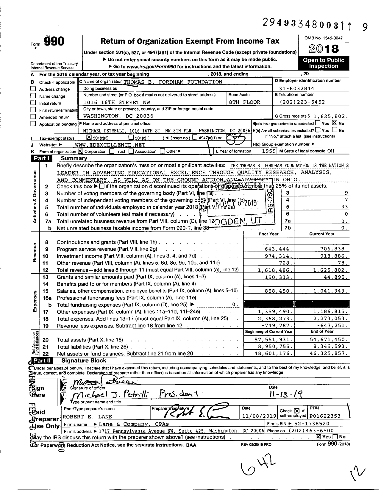 Image of first page of 2018 Form 990 for Thomas B Fordham Institute