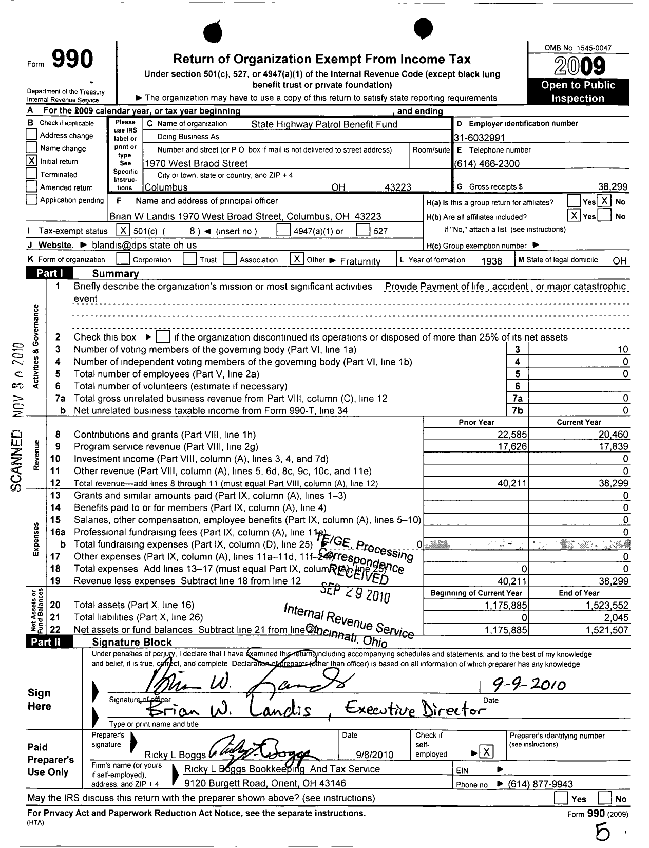 Image of first page of 2009 Form 990O for Ohio State Highway Patrol Benefit Fund