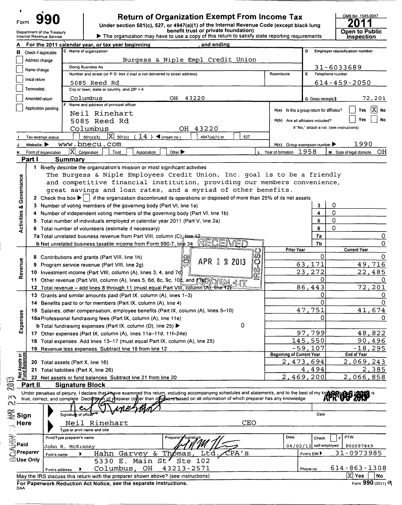 Image of first page of 2011 Form 990O for Burgess and Niple Empl Credit Union