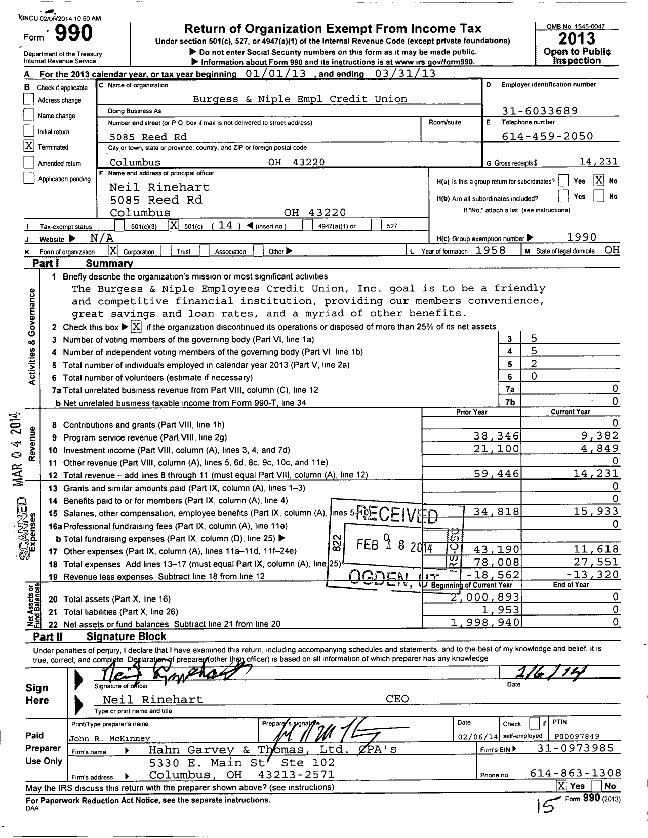Image of first page of 2012 Form 990O for Burgess and Niple Empl Credit Union