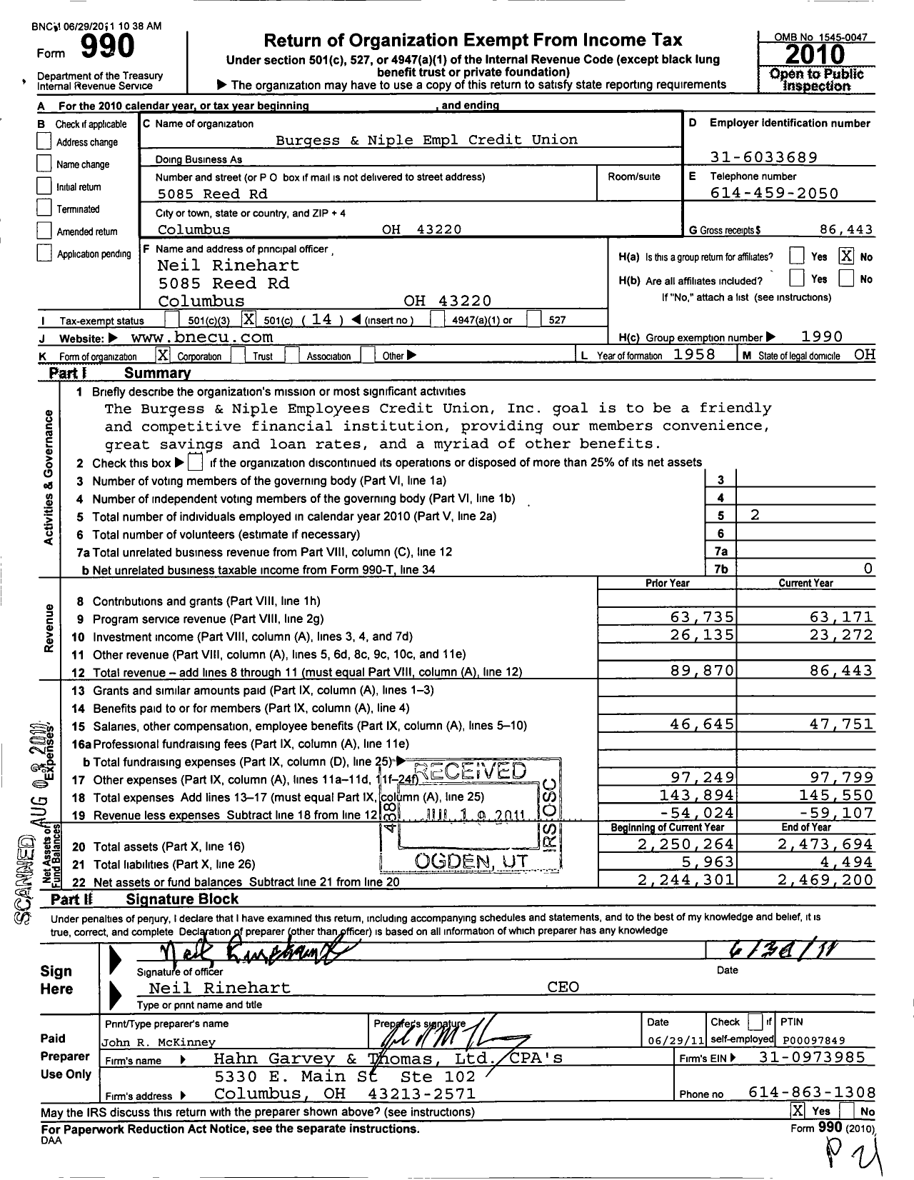 Image of first page of 2010 Form 990O for Burgess and Niple Empl Credit Union