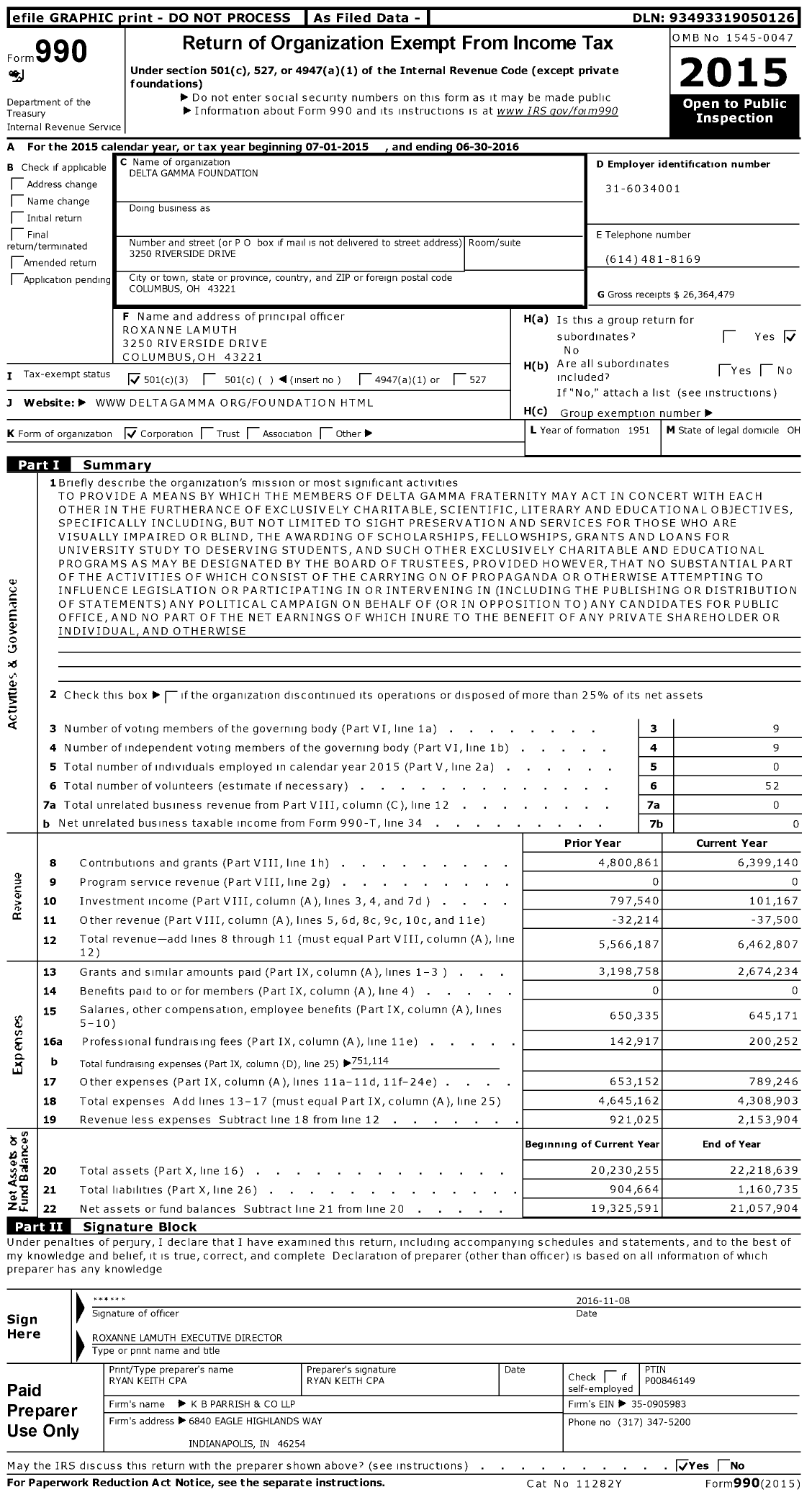Image of first page of 2015 Form 990 for Delta Gamma Foundation