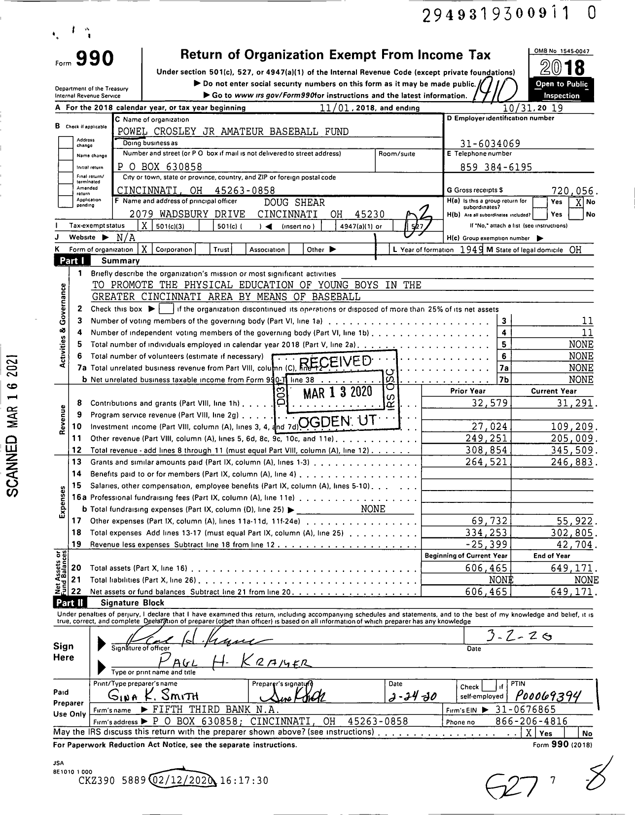 Image of first page of 2018 Form 990 for Cincinnati Reds Kid Glove