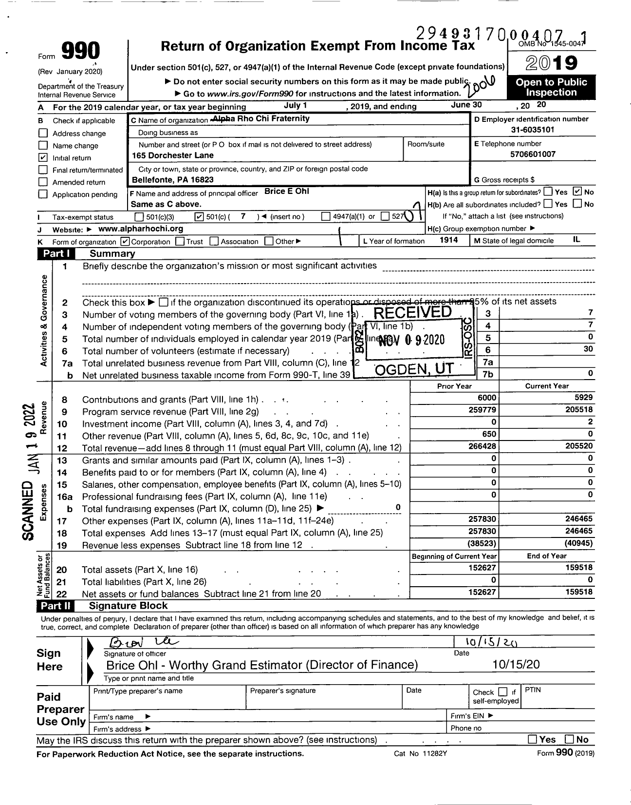 Image of first page of 2019 Form 990O for Alpha Rho Chi Fraternity