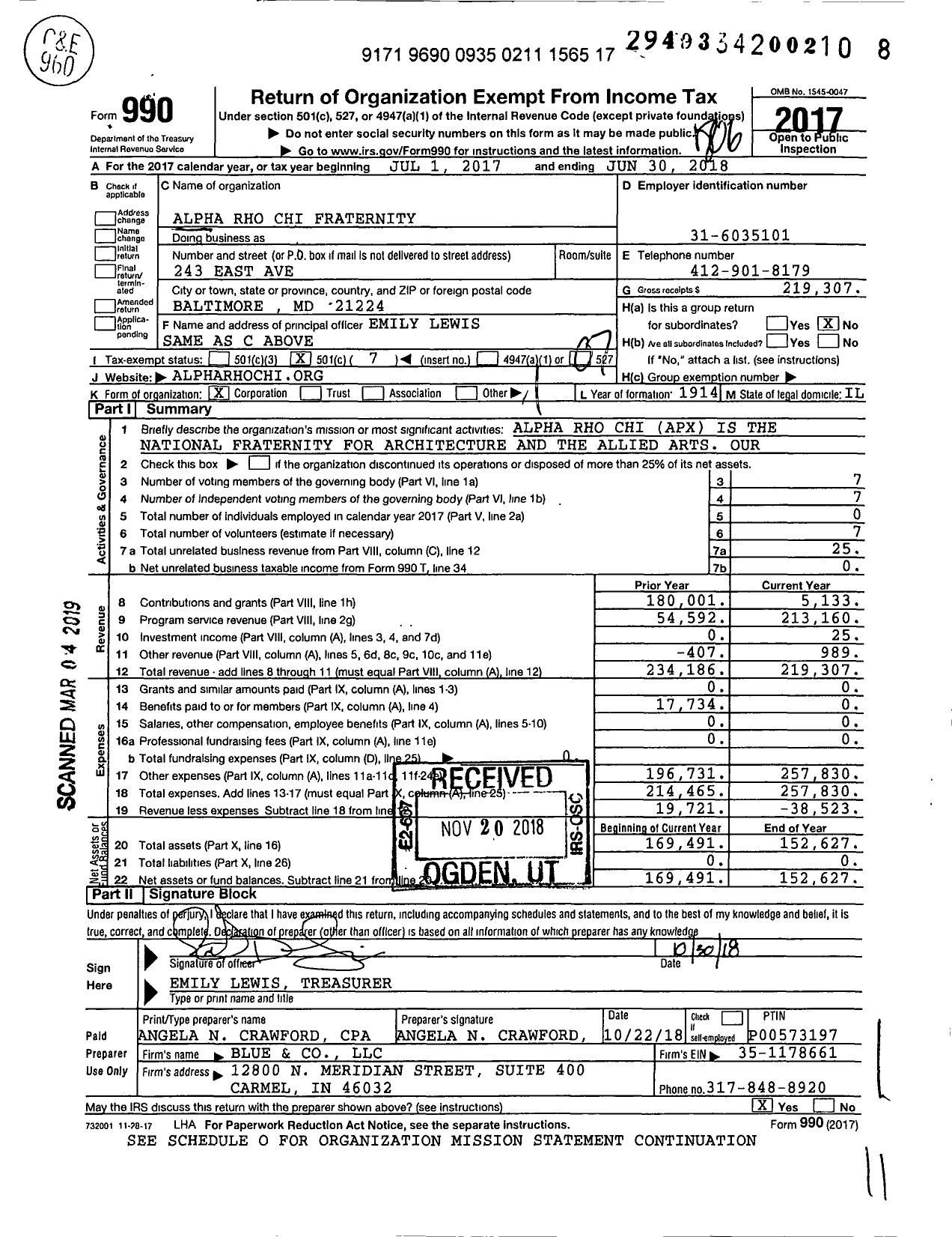 Image of first page of 2017 Form 990O for Alpha Rho Chi Fraternity