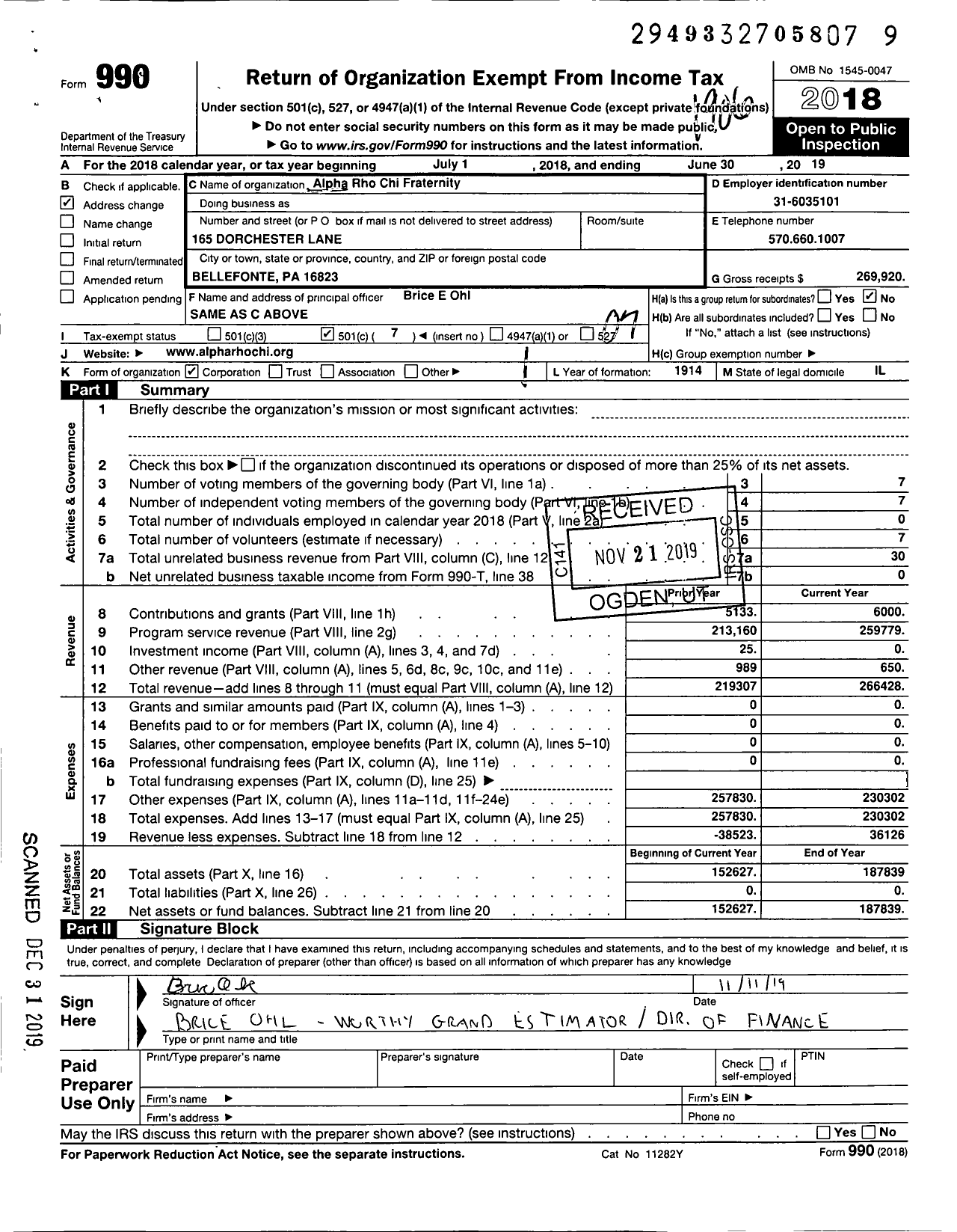 Image of first page of 2018 Form 990O for Alpha Rho Chi Fraternity