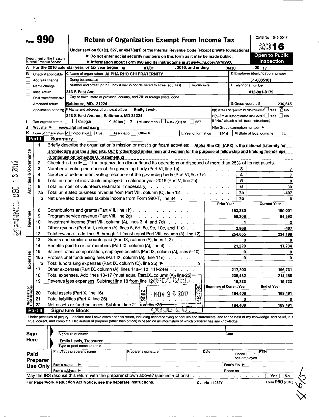 Image of first page of 2016 Form 990O for Alpha Rho Chi Fraternity