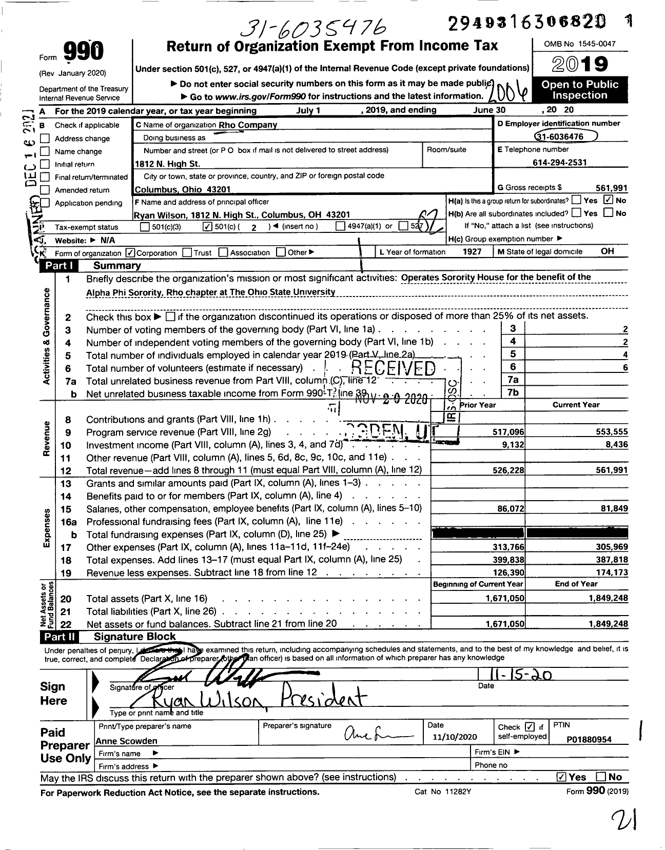 Image of first page of 2019 Form 990O for RHO Company