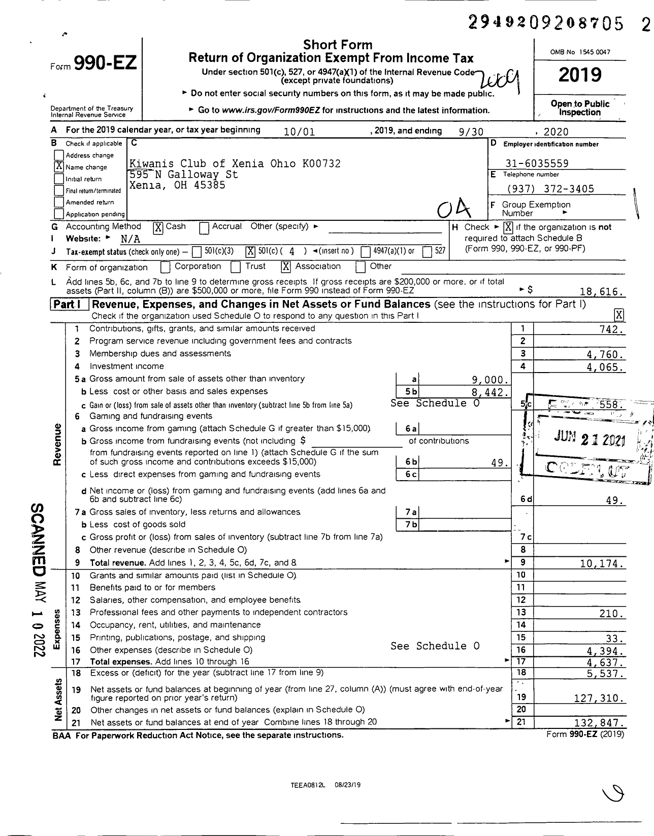 Image of first page of 2019 Form 990EO for Kiwanis International - K00732 Xenia