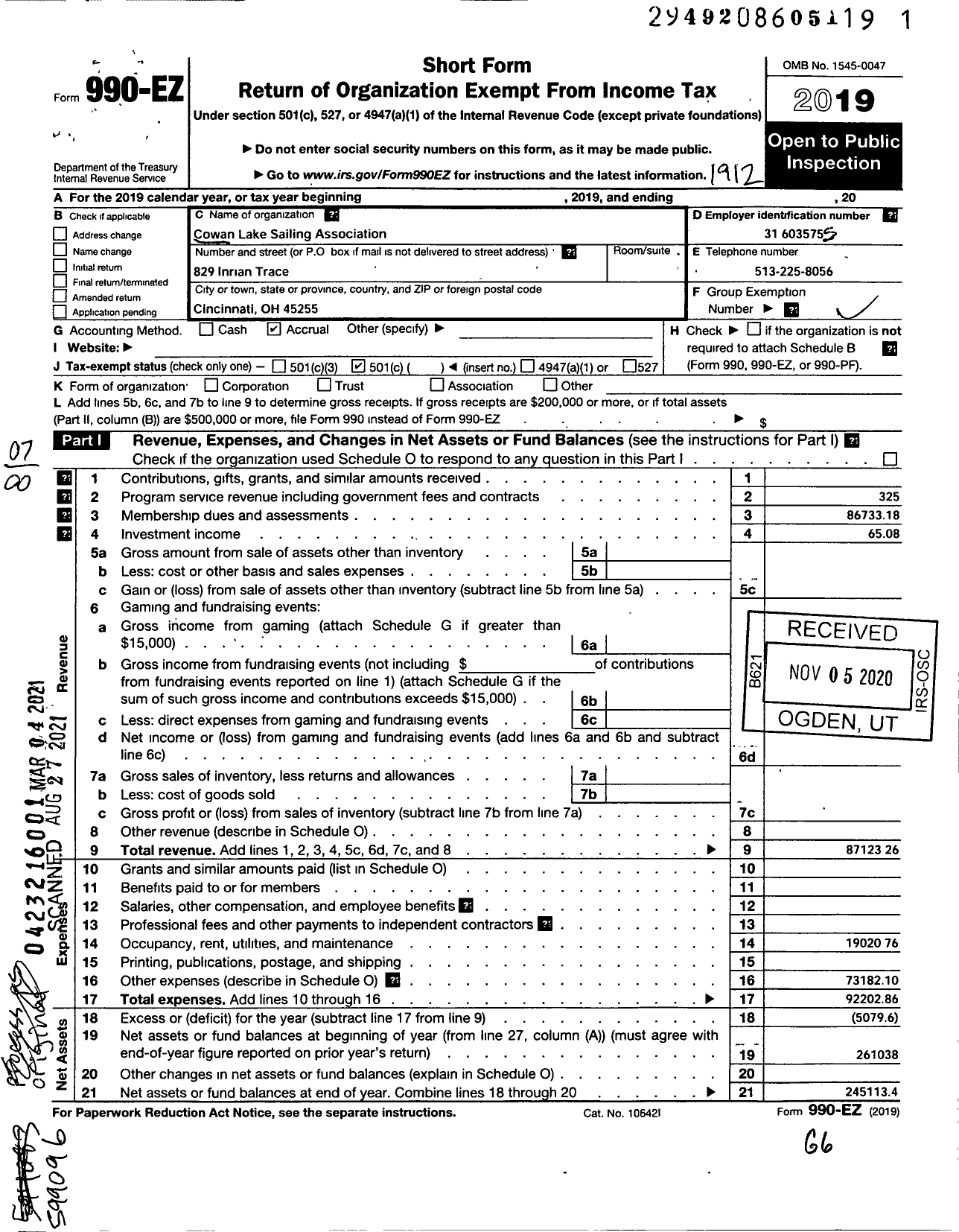 Image of first page of 2019 Form 990EO for Cowan Lake Sailing Association