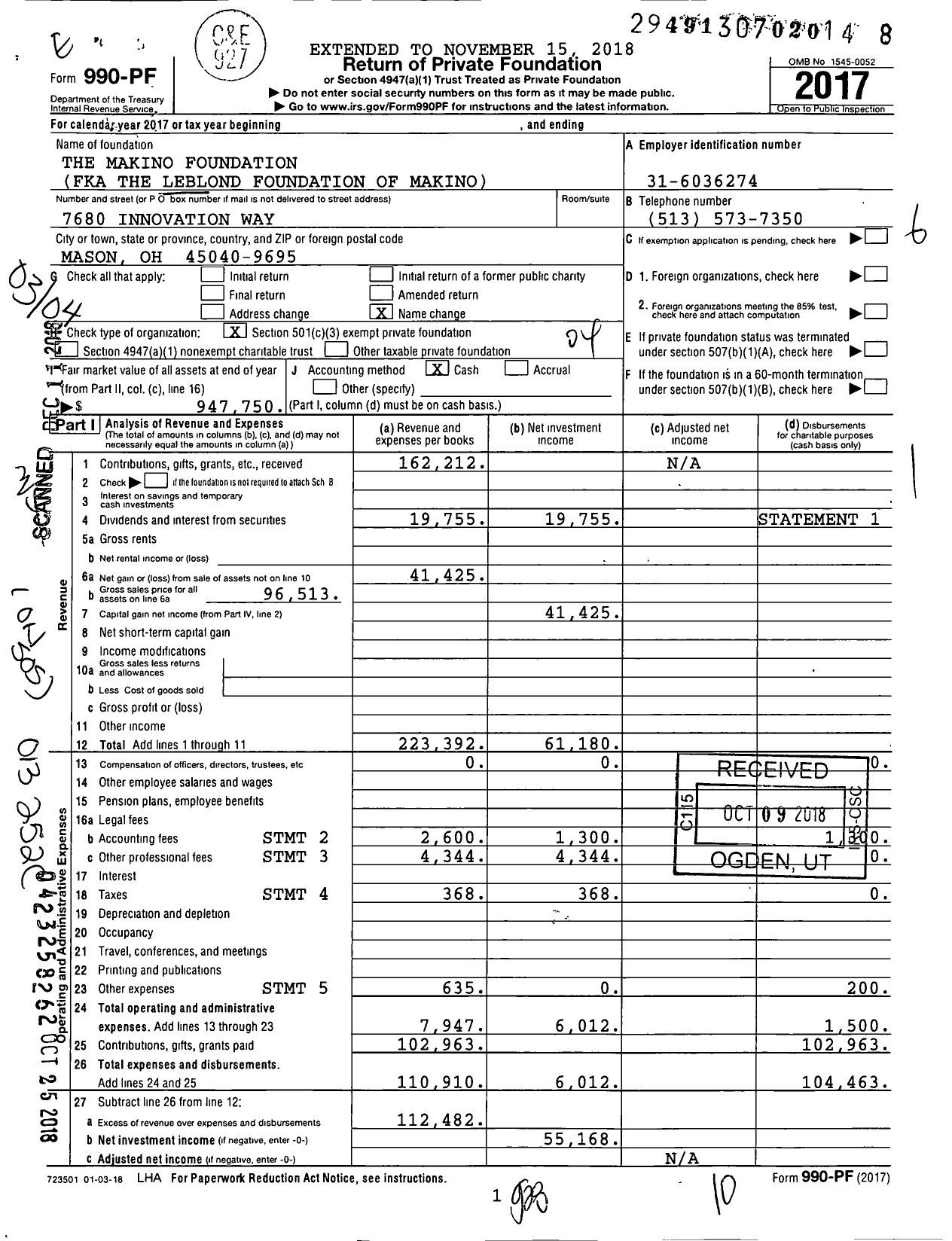 Image of first page of 2017 Form 990PF for The Makino Foundation