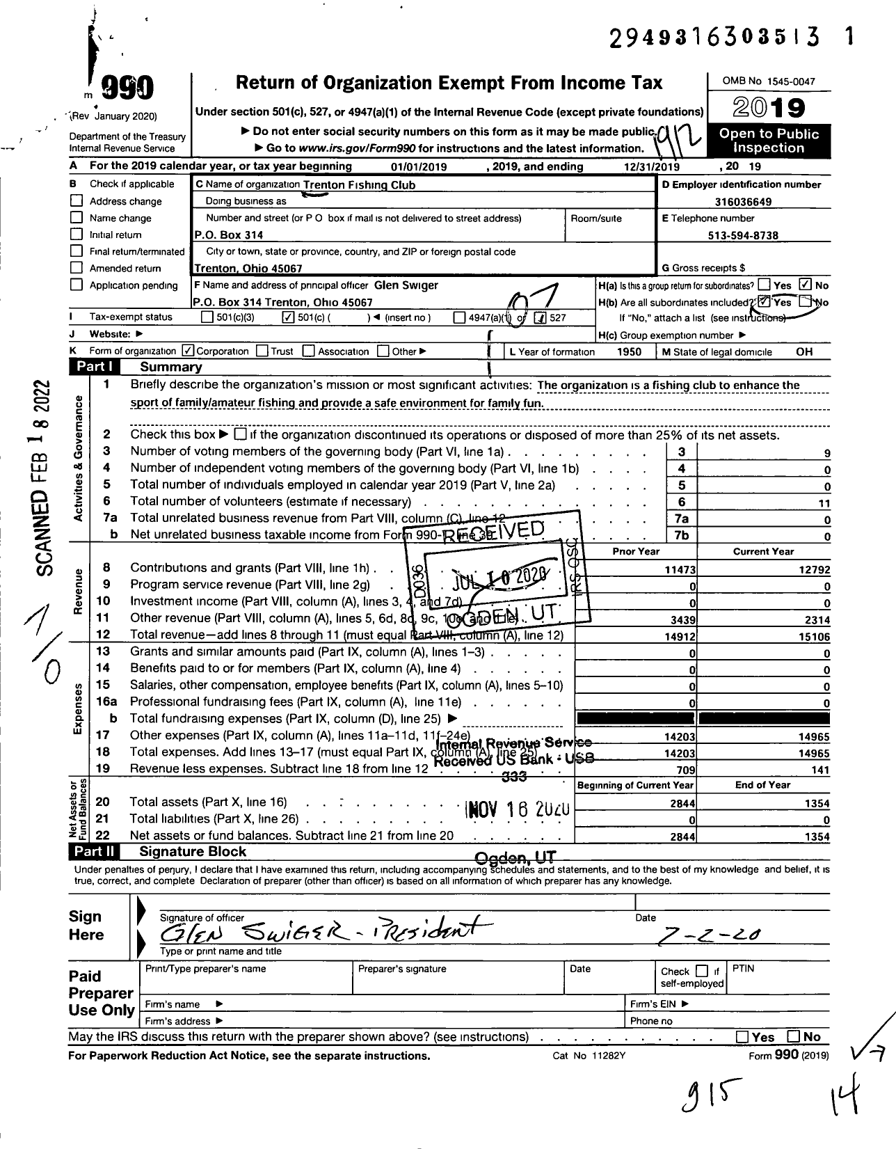 Image of first page of 2019 Form 990O for Trenton Fishing Club