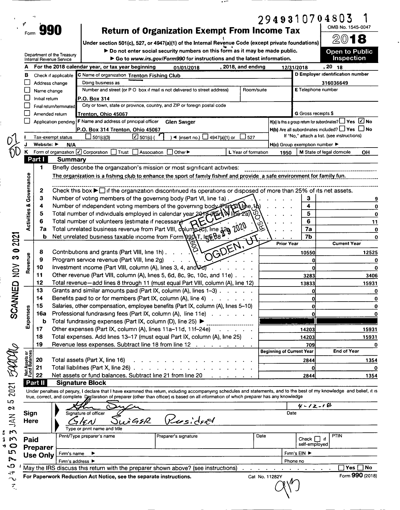 Image of first page of 2018 Form 990O for Trenton Fishing Club