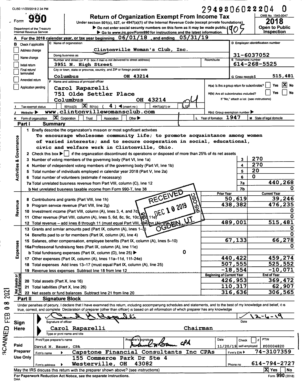 Image of first page of 2018 Form 990O for Clintonville Woman's Club