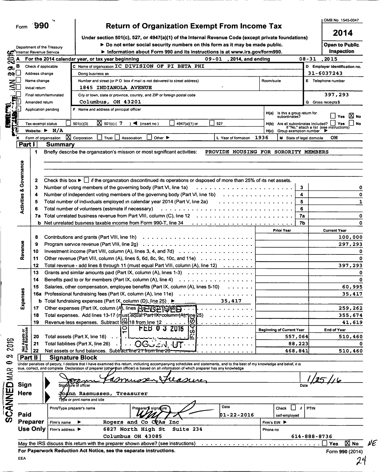 Image of first page of 2014 Form 990O for Ic Division of Pi Beta Phi House Corporation